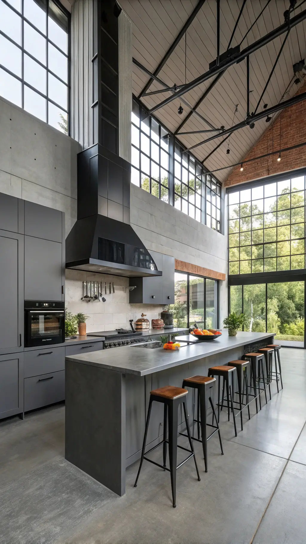 Selecting the Ideal Grey Tone for Your Kitchen Industrial-style kitchen with high-gloss grey cabinets, polished concrete floors, stainless steel appliances, black steel hood, and copper accents illuminated by natural light.