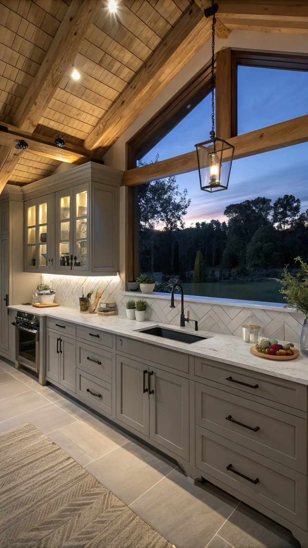 Why Light Grey Cabinets Are Revolutionizing Kitchen Design Warm transitional kitchen with grey cabinets, cathedral ceiling, exposed beams, herringbone marble backsplash, brass pendant lighting, and under-cabinet illumination at dusk.