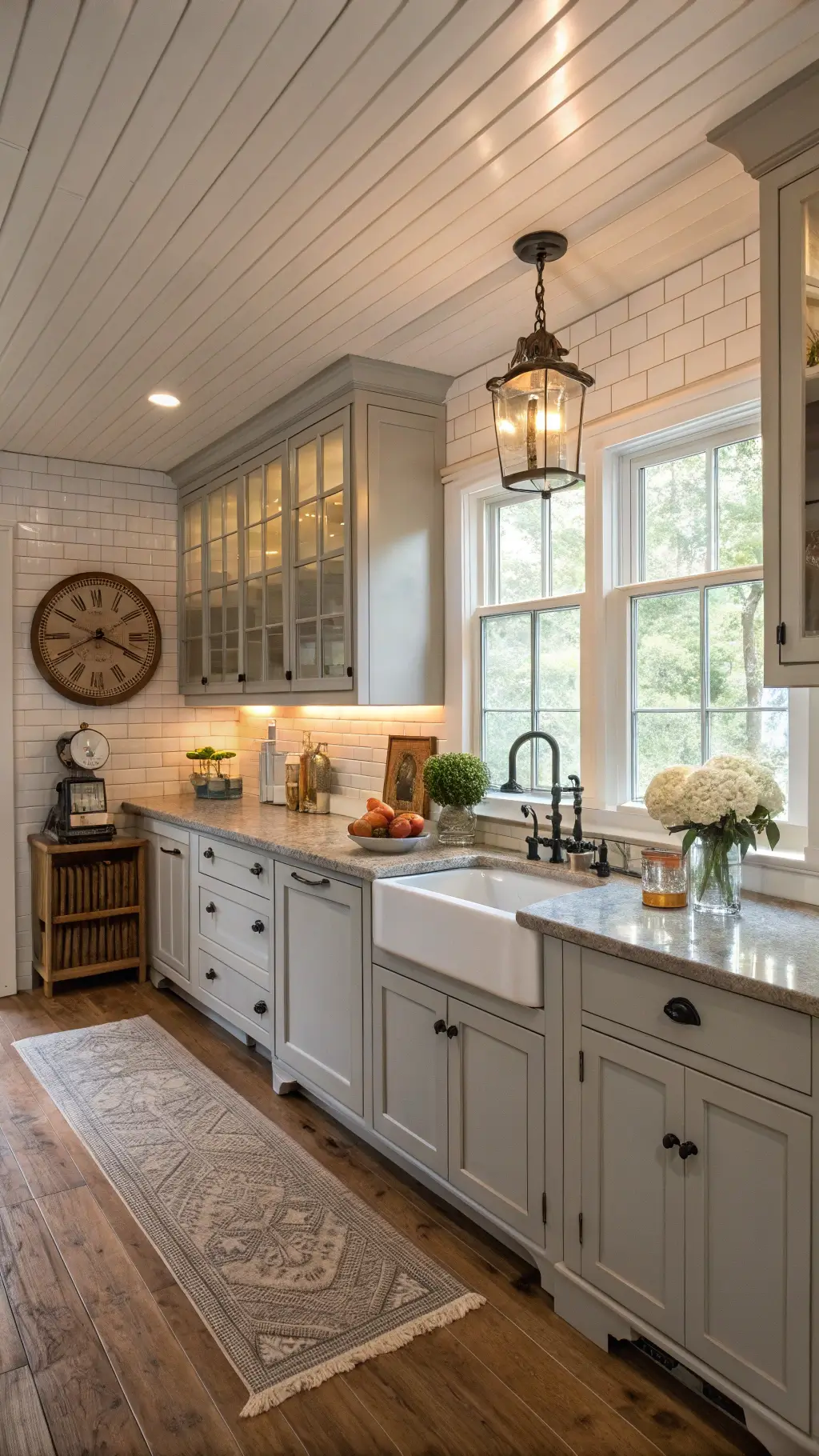 Expert Tips for Harmonizing Your Kitchen Design Farmhouse-style kitchen with grey cabinets, beadboard ceiling, white subway tile backsplash, vintage decor, and warm golden hour lighting.
