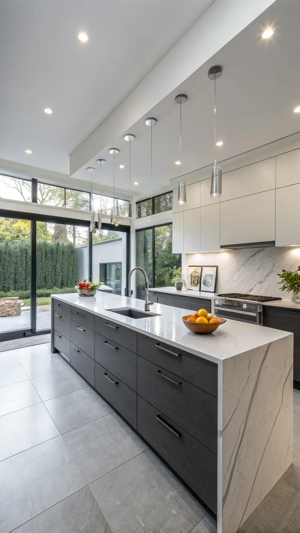 Practical Styling Strategies to Enhance Your Cabinets Contemporary two-tone kitchen with light grey upper cabinets, charcoal lower cabinets, floor-to-ceiling windows, white quartz waterfall island, geometric pottery, greenery, and integrated LED lighting.