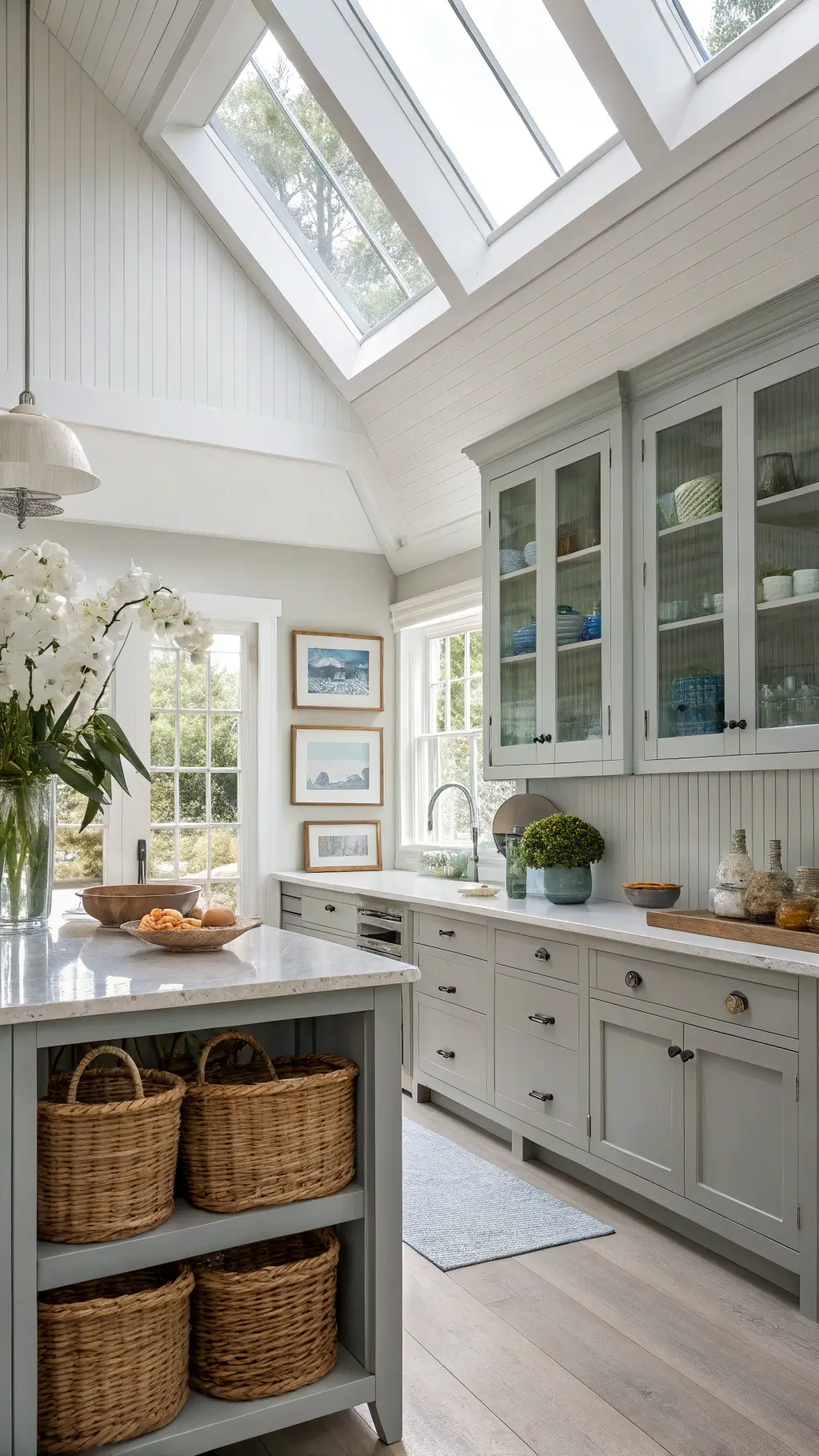 Popular Cabinet Styles in Light Grey Finishes Spacious kitchen with vaulted ceiling, skylight, soft grey cabinets, glass-front uppers, white oak open shelving with blue and white ceramics, pale blue island, woven baskets, coastal artwork, and fresh orchids.