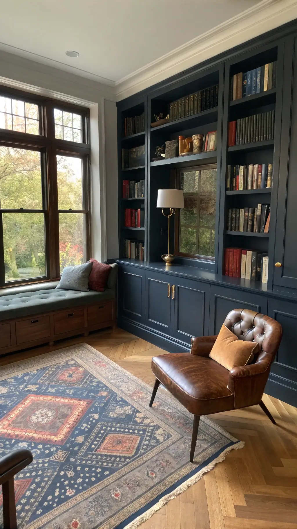 Victorian library with navy floor-to-ceiling bookcases, contemporary leather reading chair, antique side table, restored window seat with modern cushions, parquet flooring with vintage rug, dramatic afternoon shadows