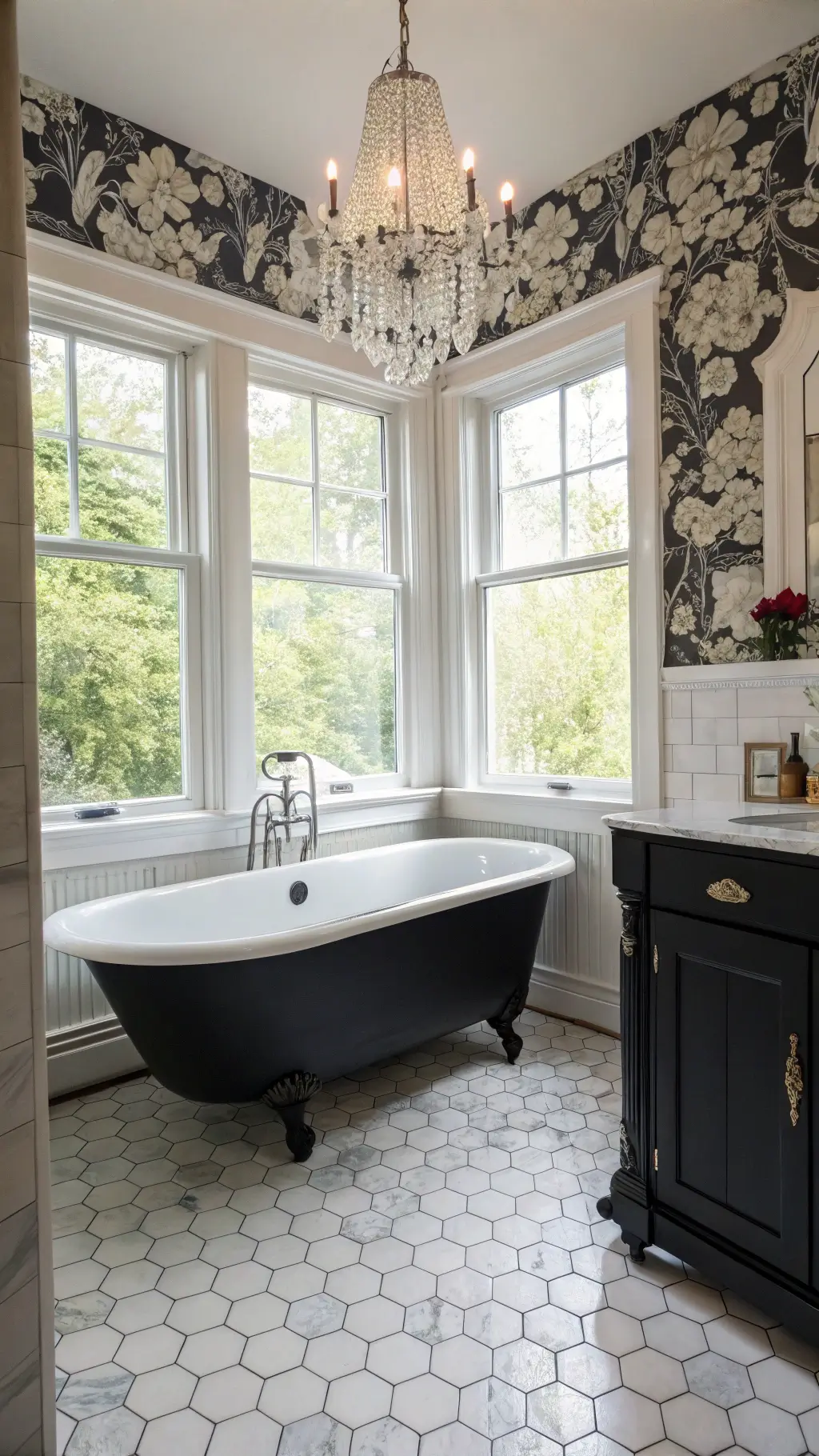 Modern black clawfoot tub in Victorian bathroom with marble hexagonal floor tiles, white moldings, dark floral wallpaper, vintage crystal chandelier, floating vanity, natural and soft fill lighting