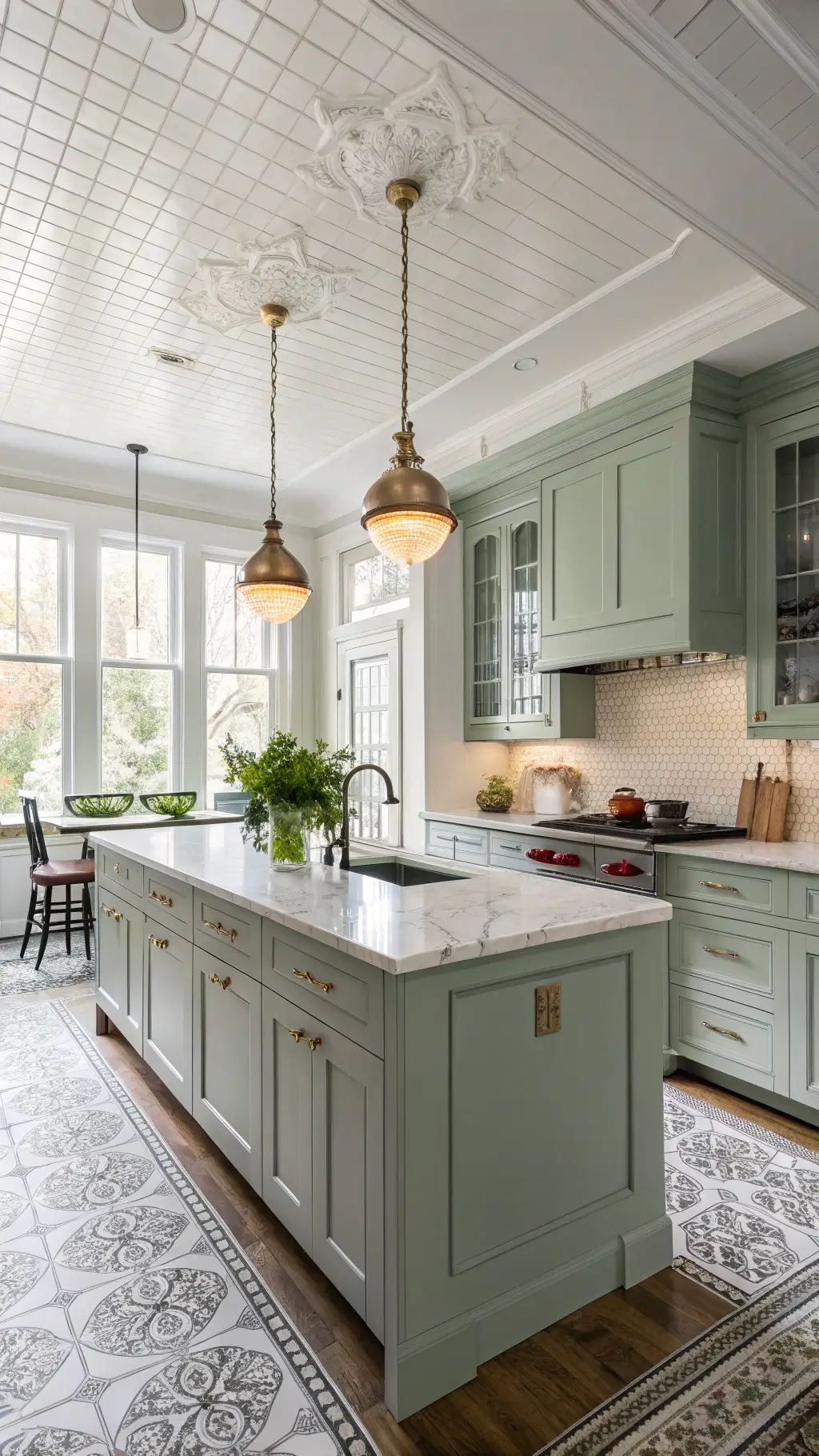 Victorian kitchen with white marble waterfall island, sage green cabinets, tile flooring, modern pendant lights, morning light streaming through sash windows