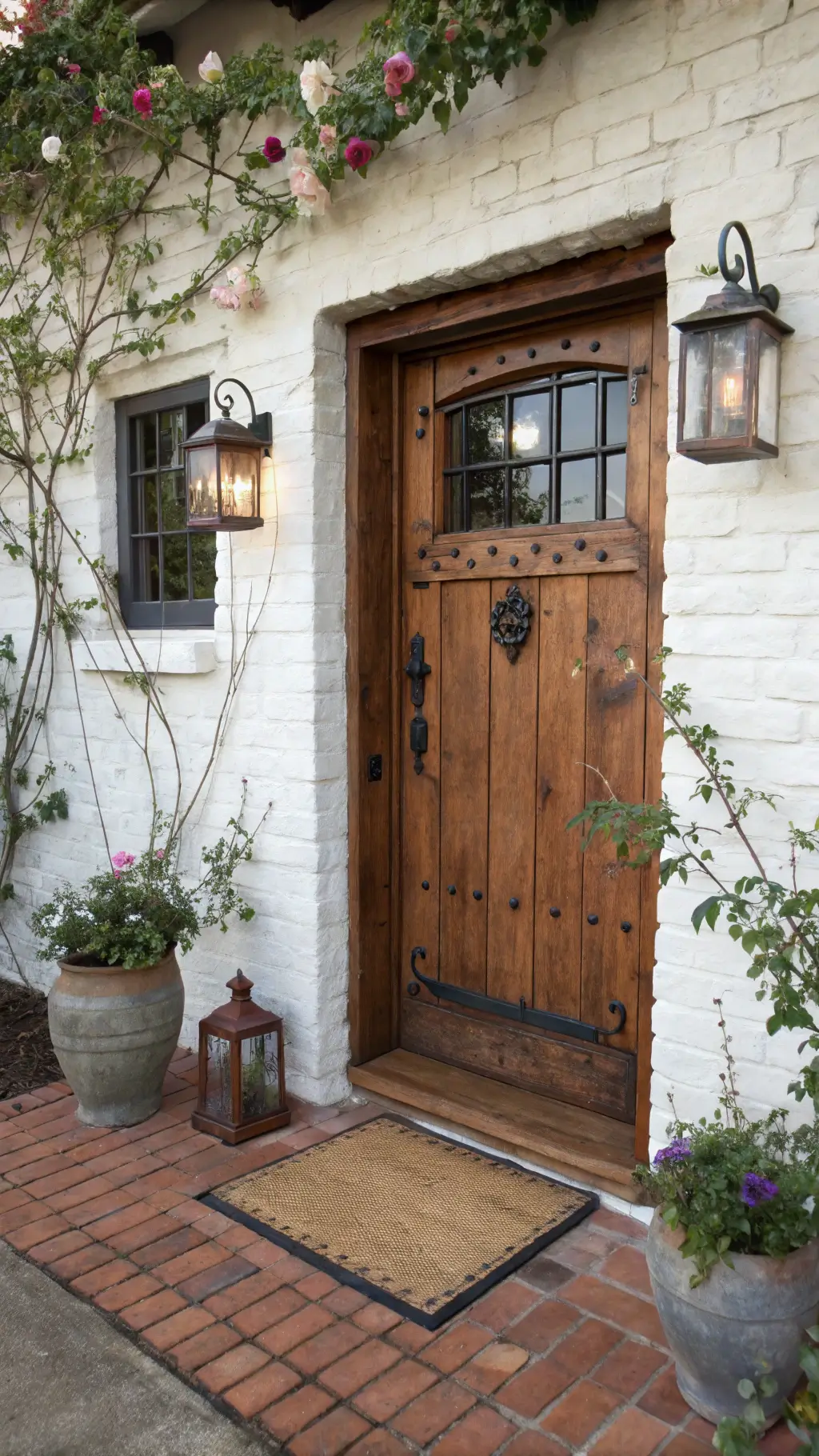 Rustic farmhouse entrance with distressed alder door, whitewashed brick, climbing roses, vintage copper lanterns, terracotta tiles, and lavender in zinc planters on a misty morning