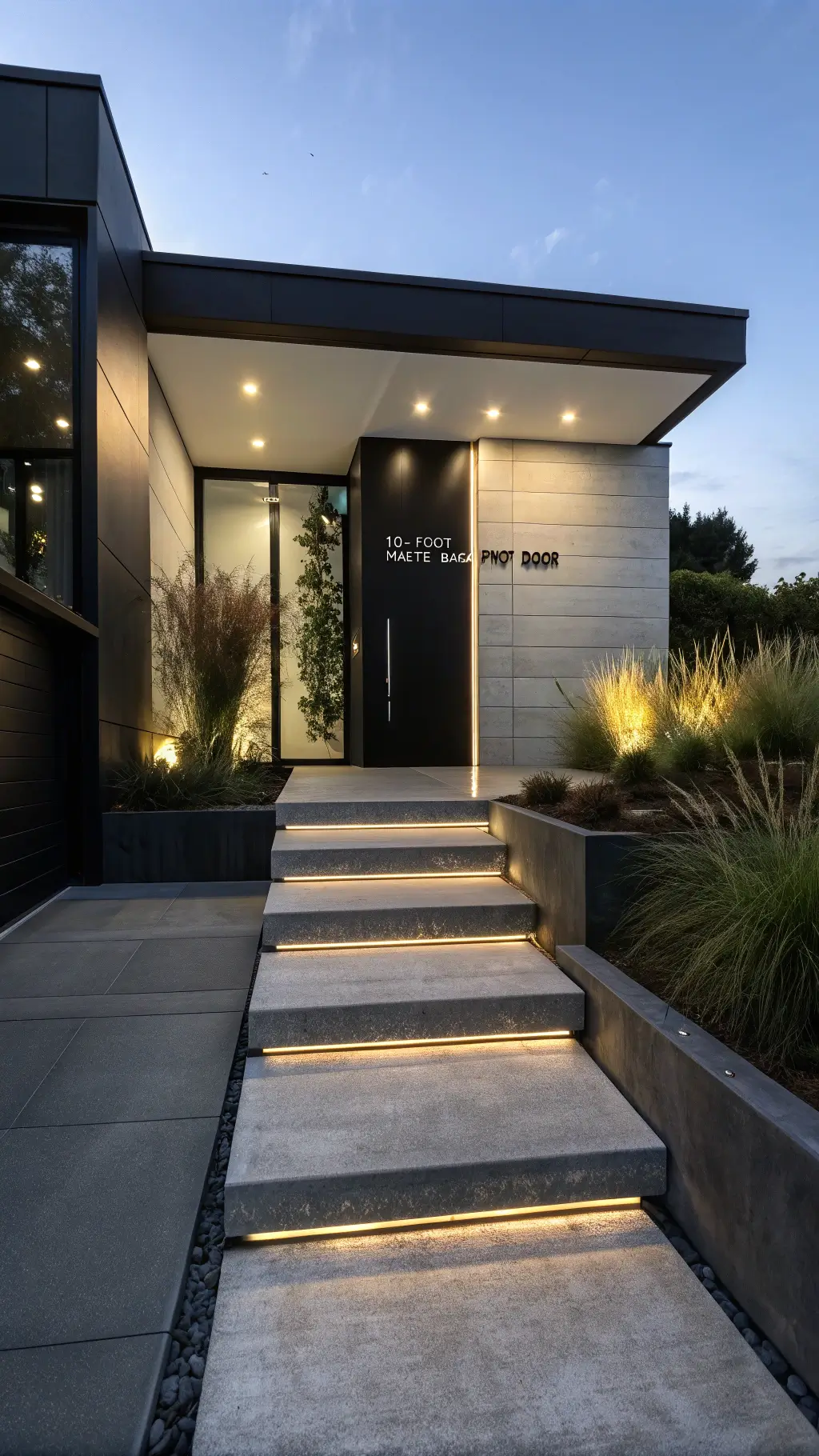Minimalist modern entrance with matte black pivot door, vertical LED light strip, polished concrete steps, geometric brushed aluminum house numbers, and architectural planters at twilight