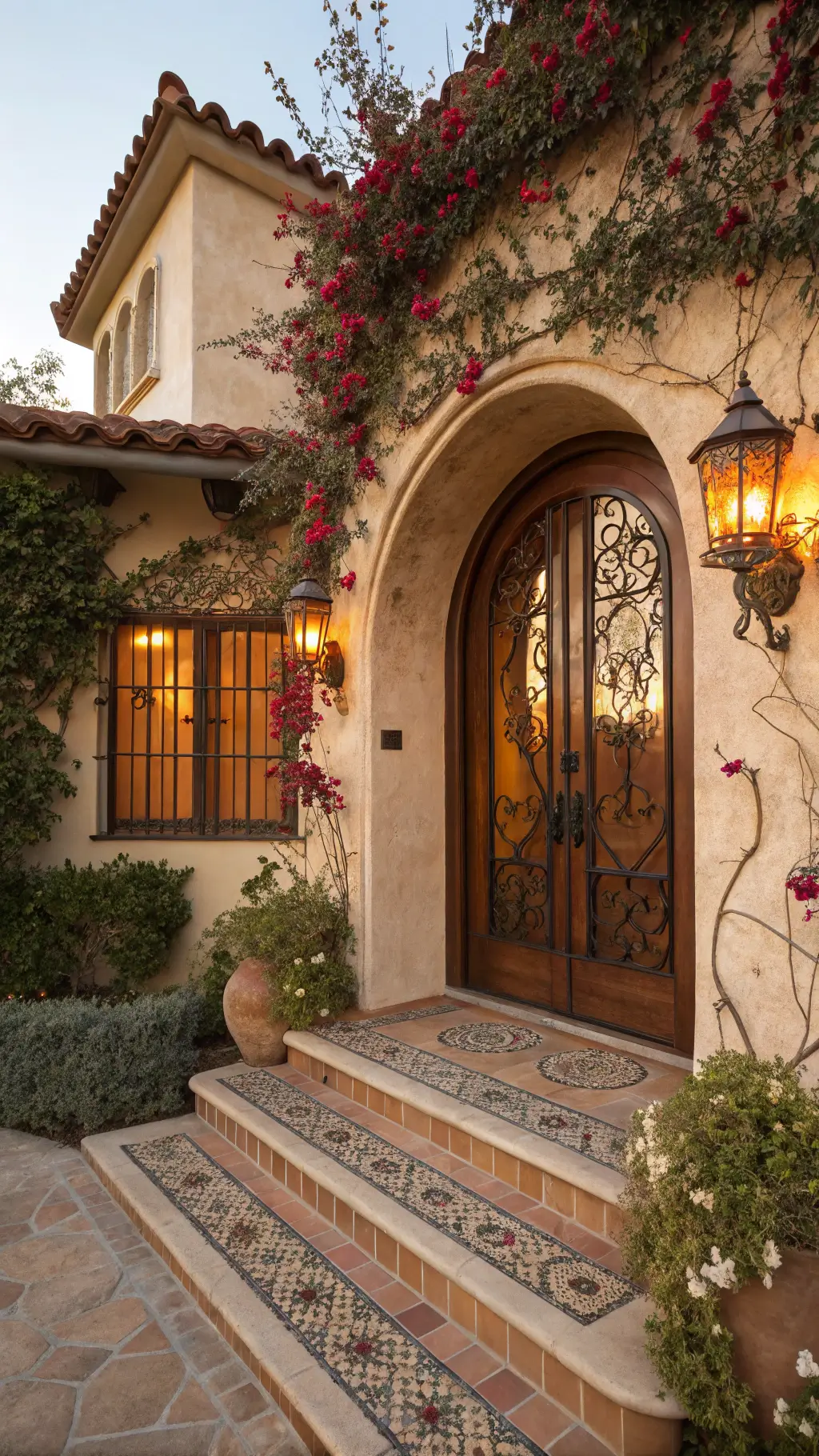 Mediterranean villa entrance at sunset with arched mahogany door, iron grille, terracotta tile surround, bougainvillea, wrought wall sconces, amber glass, stone steps, mosaic inlay, copper rain chain, and aged bronze hardware