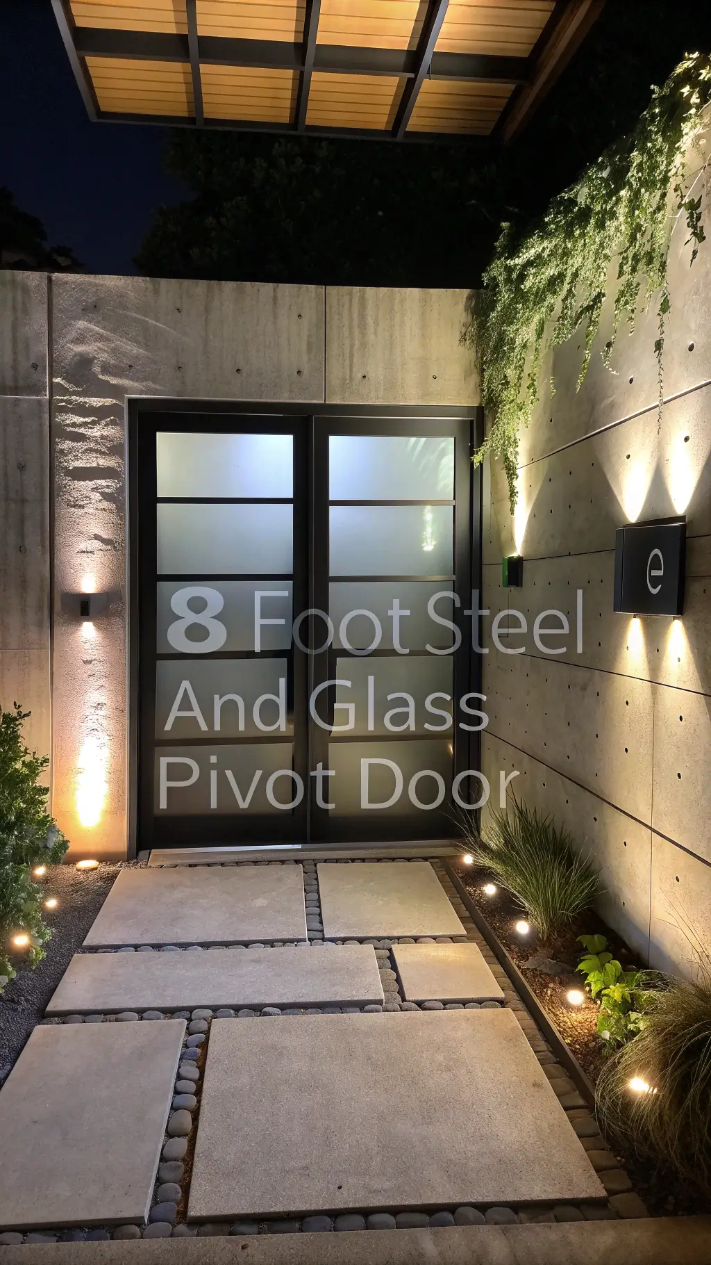 Dramatically lit industrial modern entrance with steel and glass pivot door, vertical garden on exposed concrete wall, custom backlit house numbers, black stone pavers with integrated lighting at night