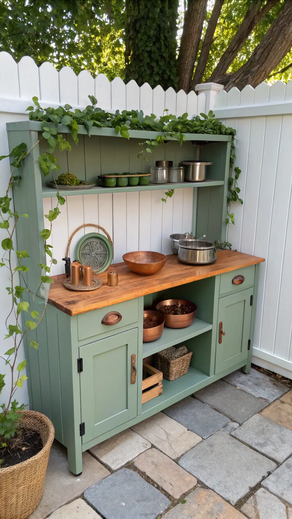 Cozy mud kitchen made from repurposed kitchen cabinet in a sunlit corner with sage green paint, wooden countertop, copper measuring cups, and lush ivy accents.