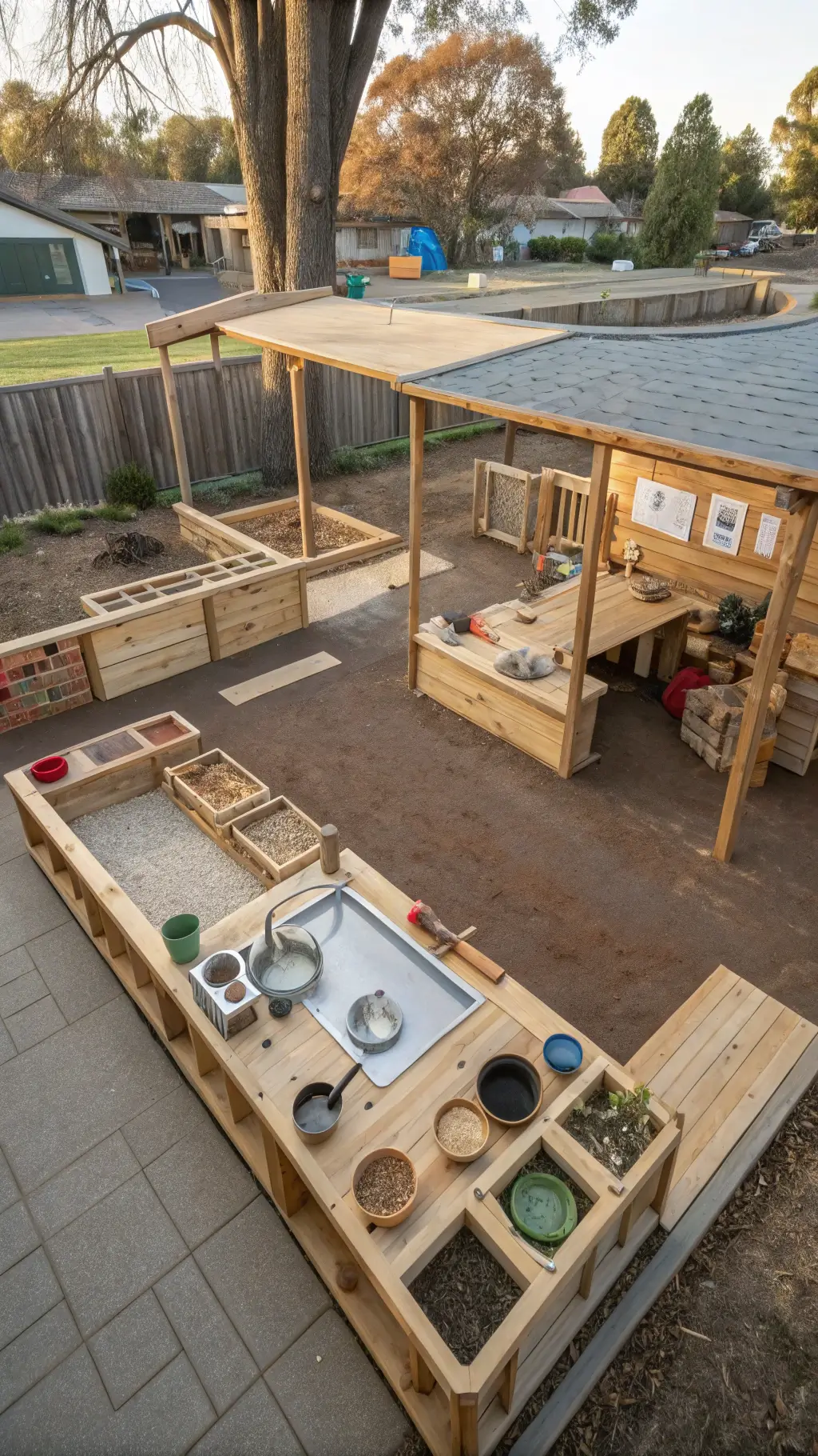 Overhead view of a sensory play station with wet and dry zones, cedar workstation with stainless steel sink, bamboo utensils, ceramic bowls, and rubber mulch flooring bathed in sunlight.