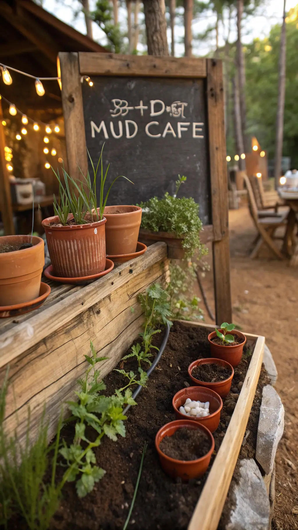 Rustic mud café setup illuminated by golden hour light, featuring terracotta pots, enamelware dishes, a chalkboard menu, and a vertical herb garden.