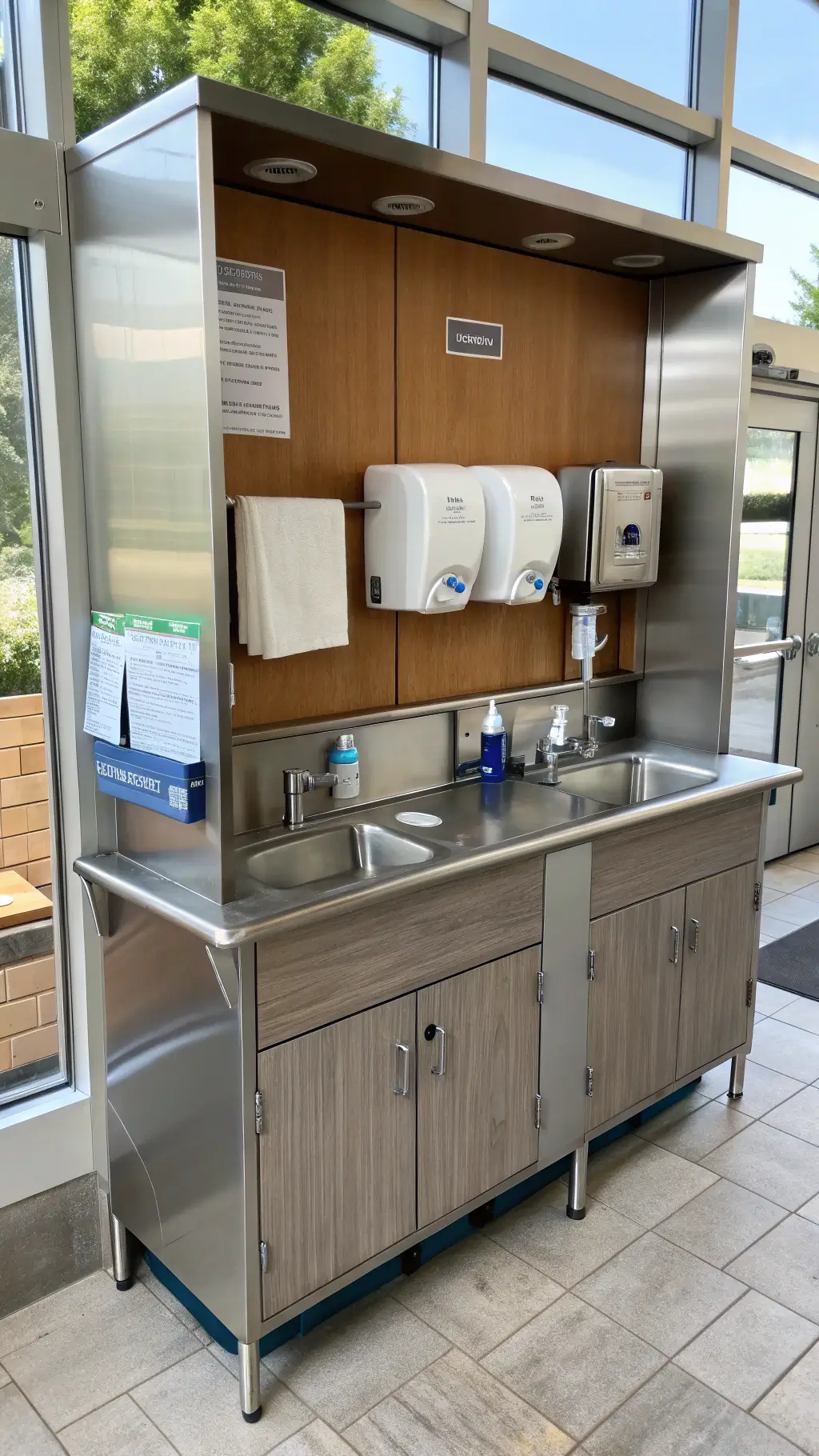 Child-height outdoor washing station with soap dispenser and paper towel holder on cedar backdrop in morning light.