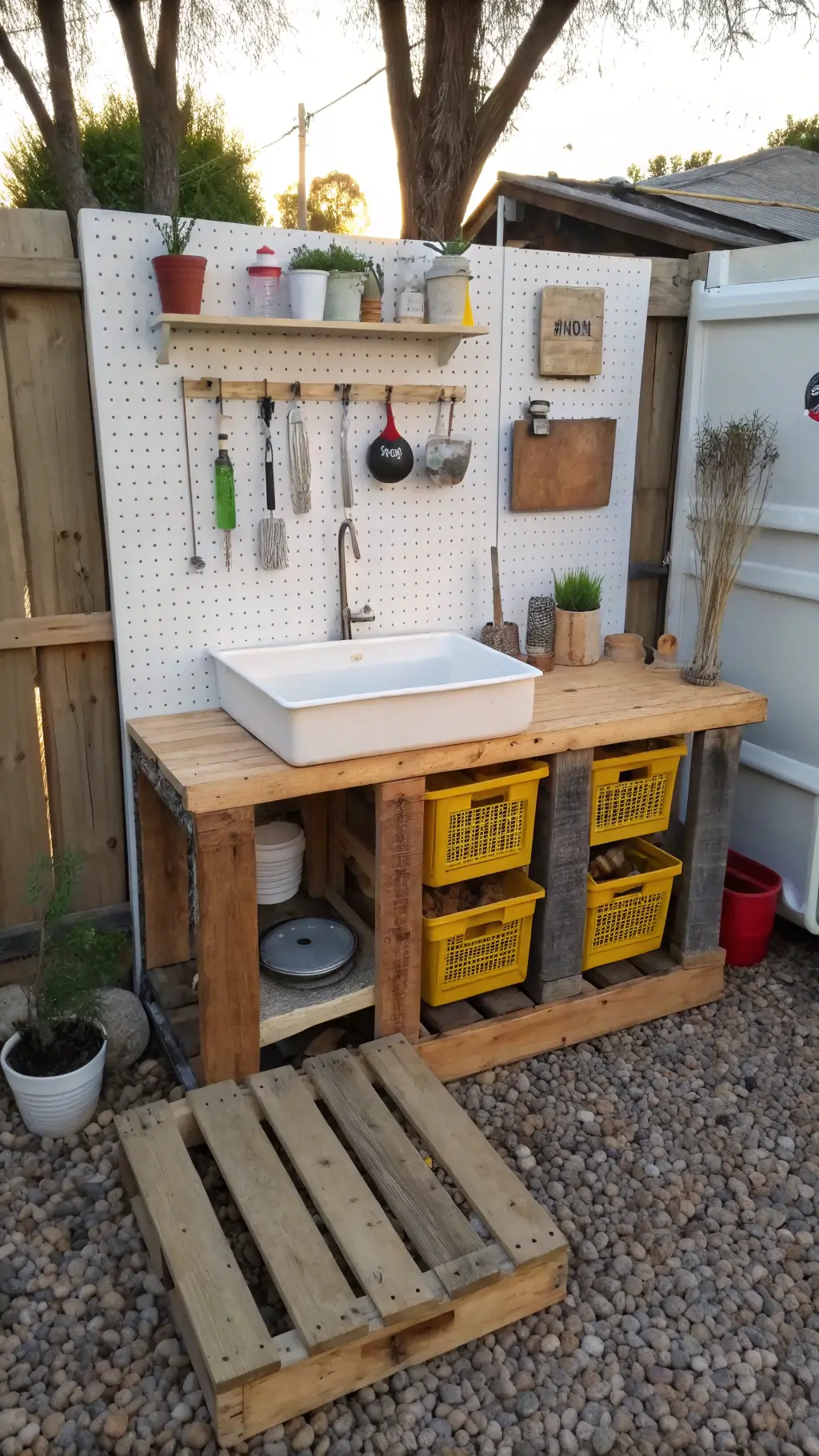 Budget-friendly DIY mud kitchen featuring wooden pallet base, salvaged sink, vintage tools on pegboard, and colorful milk crate storage on natural pebble ground.