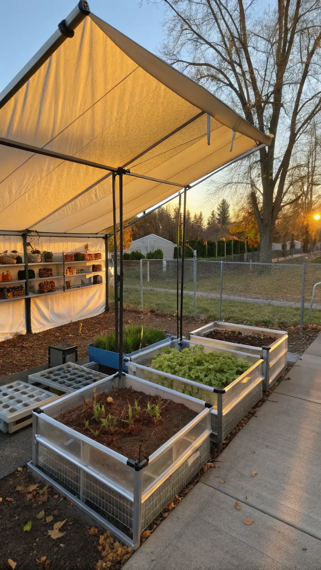 Weatherproofed outdoor play area with retractable awning, stainless steel work surface, and raised herb garden beds during golden hour light.