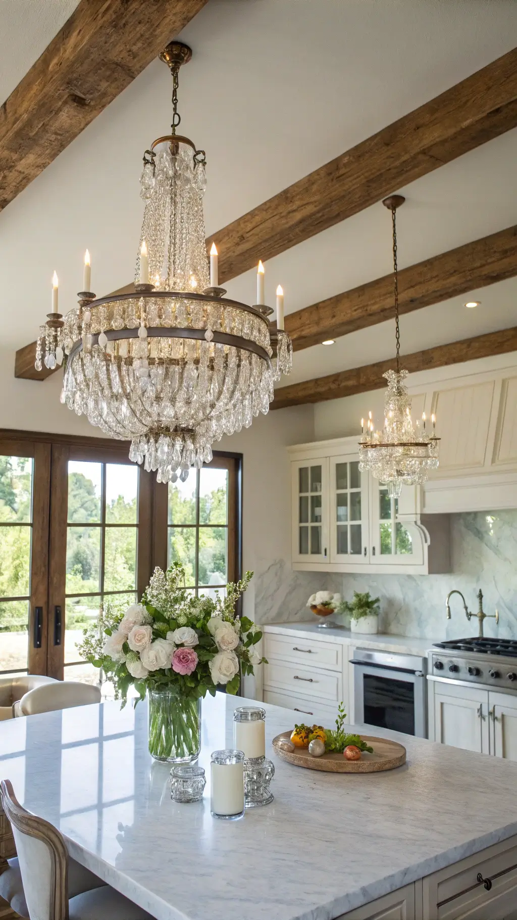 Glass chandelier farmhouse kitchen lighting