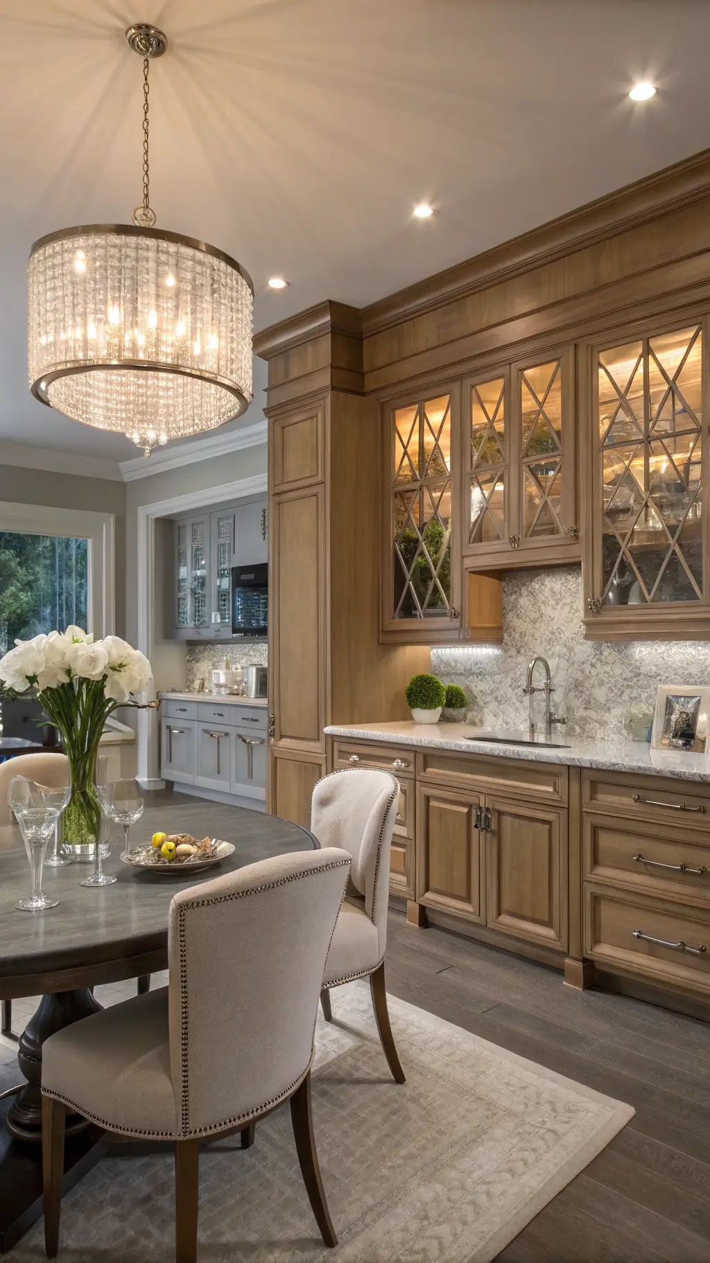 Light Brown Kitchen Cabinets: Your Ultimate Style Guide to Warm, Inviting Spaces Elegant transitional kitchen with brown cabinets, gray marble backsplash, crystal chandelier above breakfast table, and dramatic under-cabinet lighting.