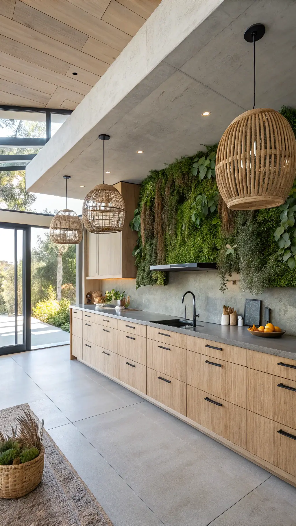 Light Brown Kitchen Cabinets: Your Ultimate Style Guide to Warm, Inviting Spaces Sunrise-lit open kitchen with brown oak cabinets, concrete counters, organic herb wall, rattan pendant lights and handmade ceramics.