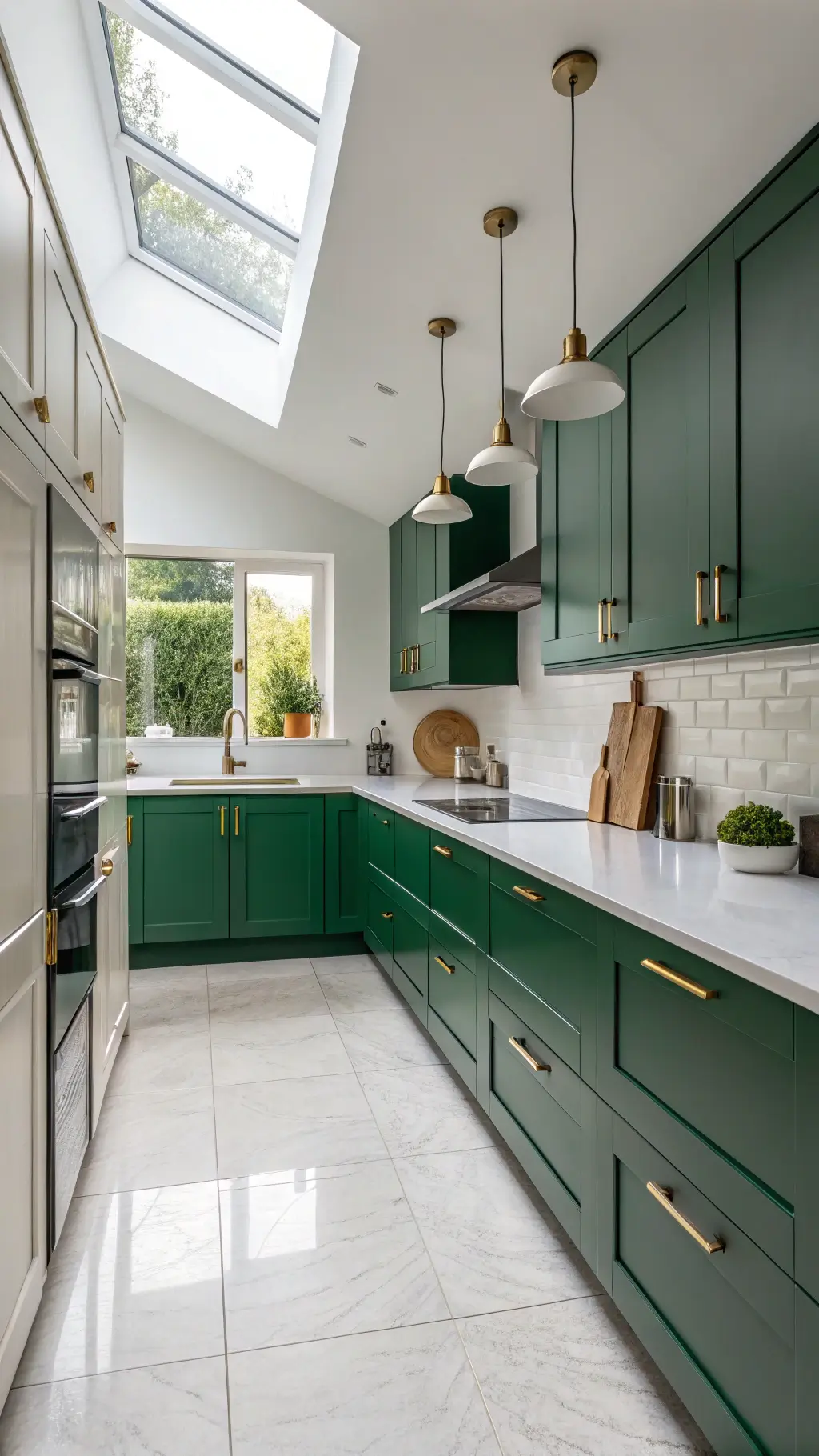 High Gloss Cabinets in Emerald Green Emerald green high gloss kitchen cabinets with brass hardware