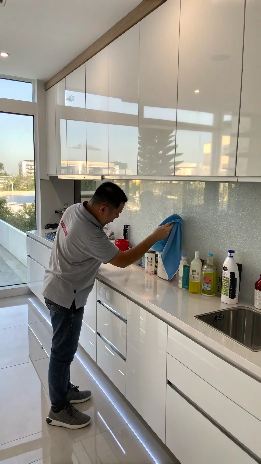 Maintaining High Gloss Cabinets Cleaning white glossy kitchen cabinets with microfiber cloth