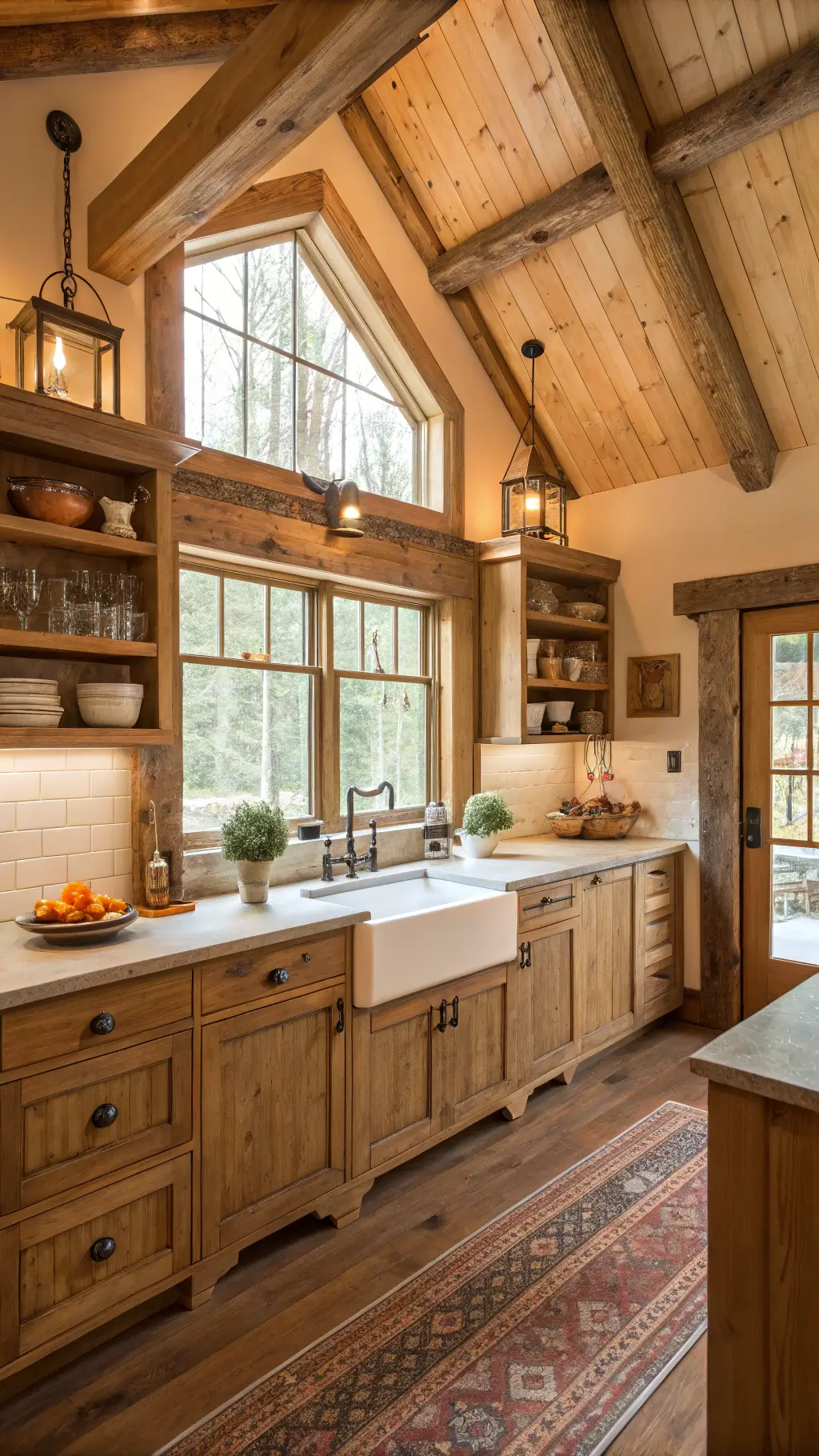 Cozy farmhouse kitchen with natural oak cabinets