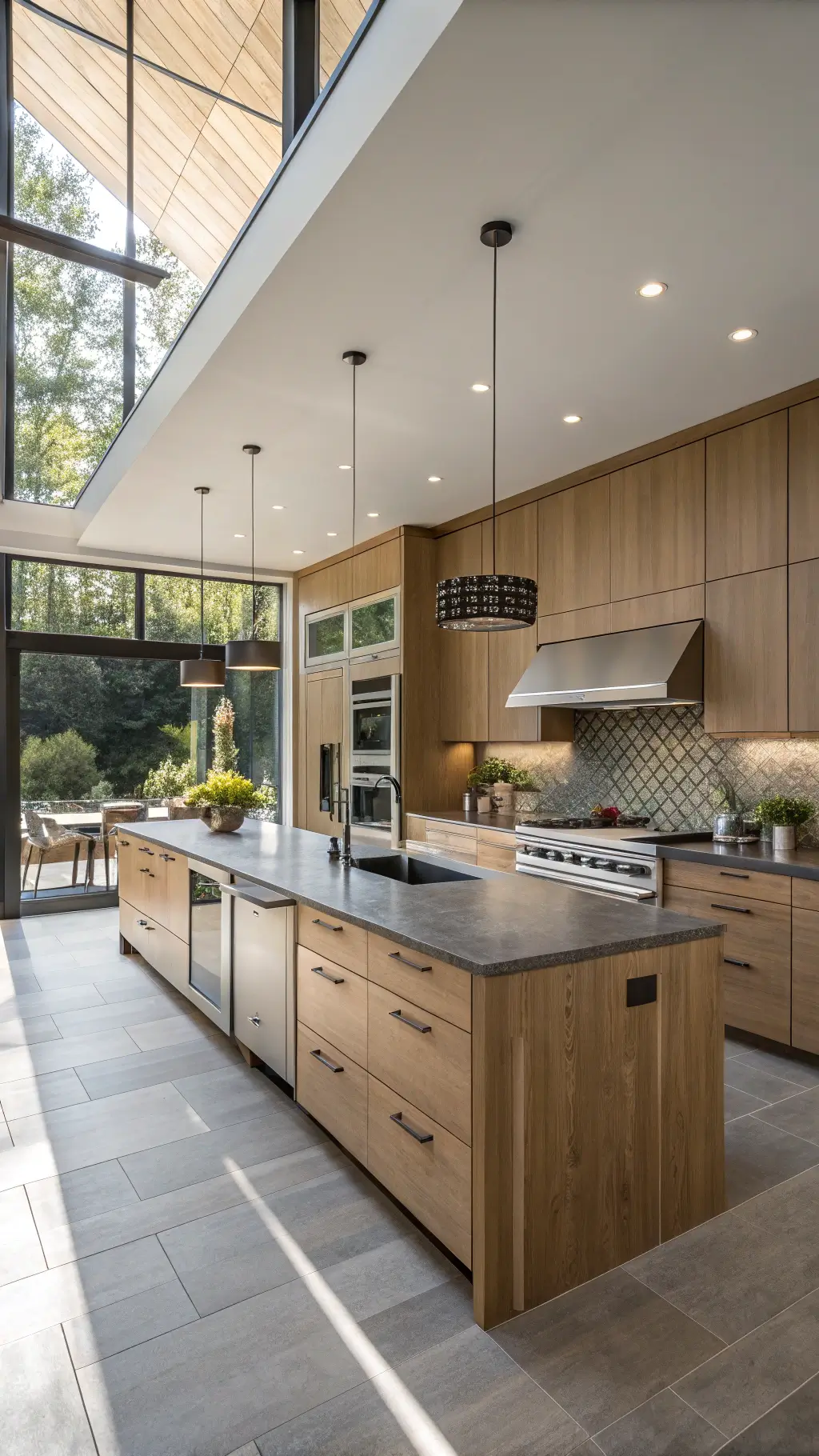 Open-concept kitchen featuring oak cabinets and dark countertops