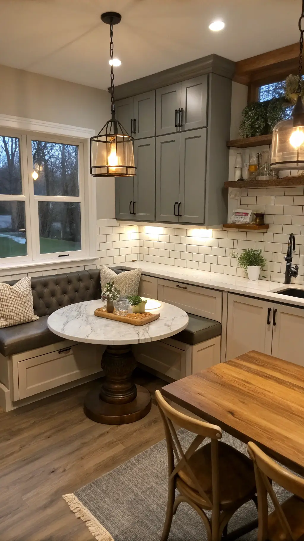 Transitional kitchen with oak upper cabinets and grey base