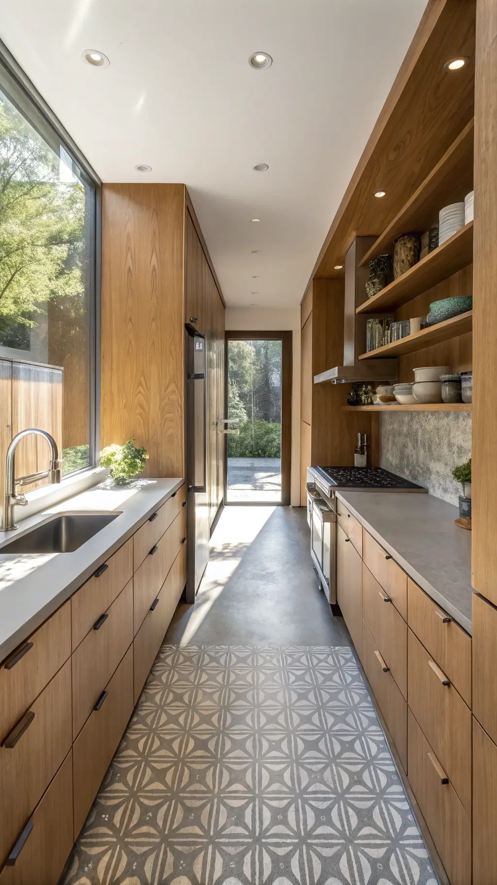 Urban galley kitchen with quarter-sawn oak cabinets