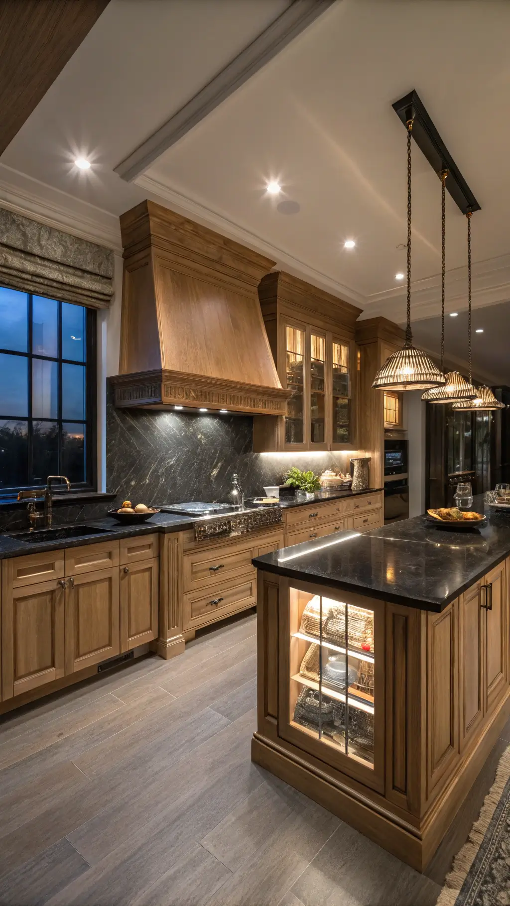 Luxurious kitchen with white oak cabinets and black marble