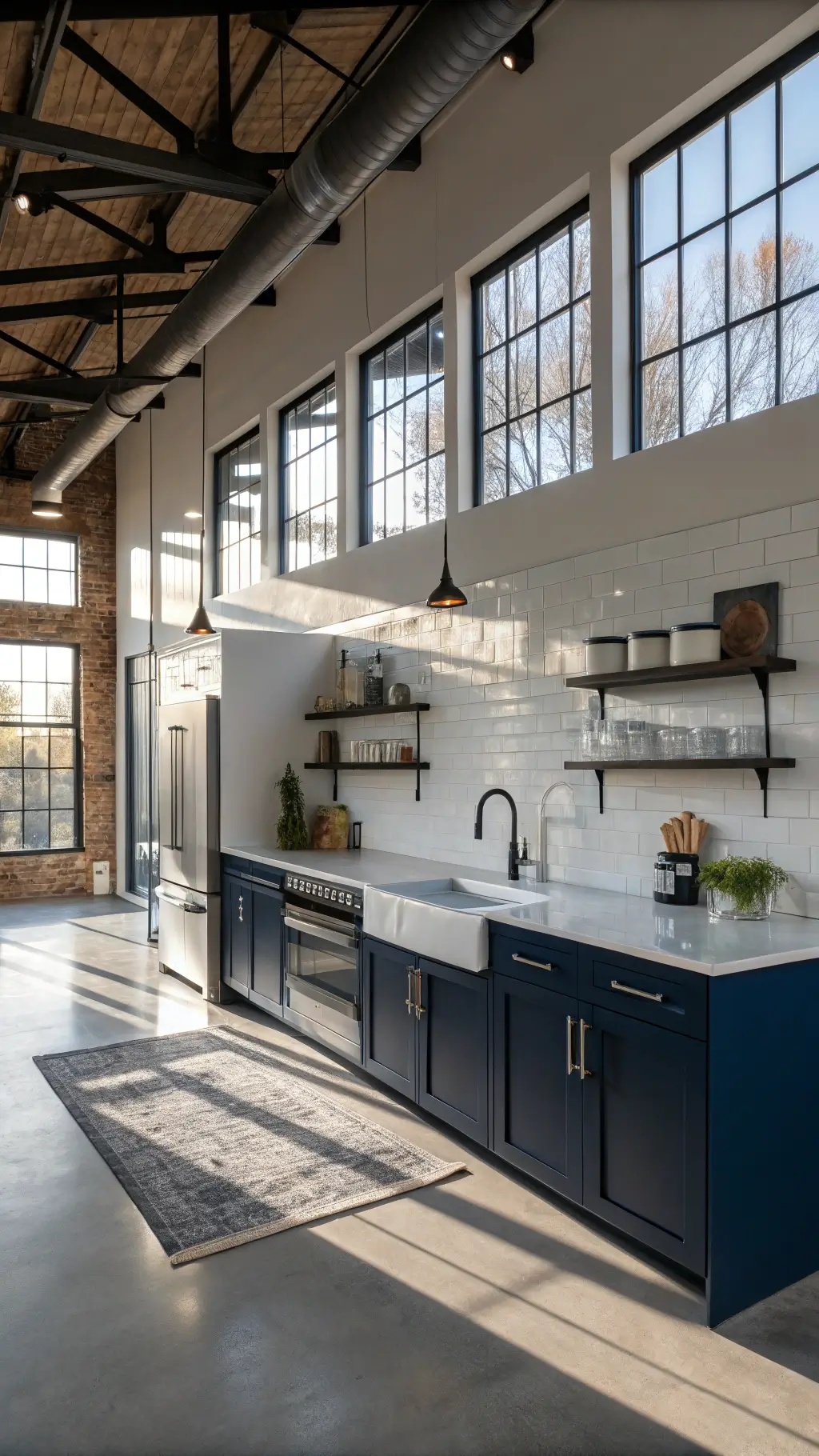 Spacious modern kitchen with navy blue cabinets, white quartz waterfall island, stainless steel appliances, and floating metal shelves showcasing ceramics, viewed from above near the dining area.