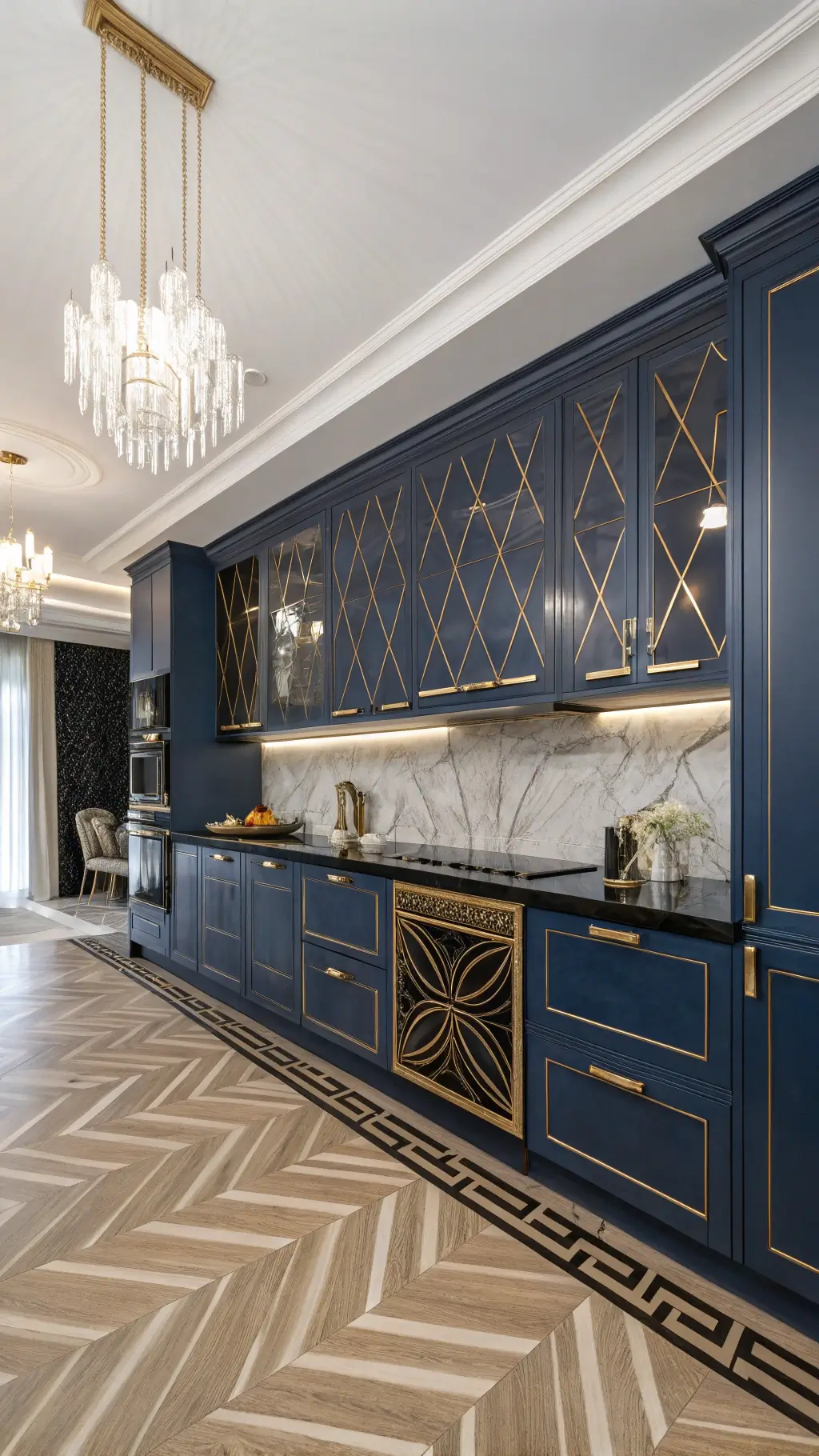 Art Deco kitchen with deep cobalt blue cabinets featuring geometric gold inlays, black marble countertops, chevron wood flooring, and crystal pendant lights reflecting off a mirrored backsplash with metallic accents.