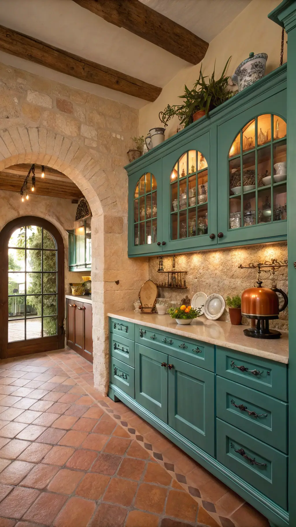 Mediterranean kitchen with teal cabinets, terracotta flooring, cream limestone countertops, vintage dishware, and olive wood accents under warm lighting.