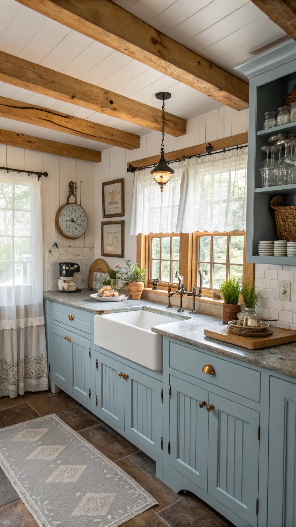 Cozy farmhouse kitchen with cornflower blue beadboard cabinets, wooden beams, butcher block island, white apron sink, and marble countertops bathed in morning light through lace curtains.