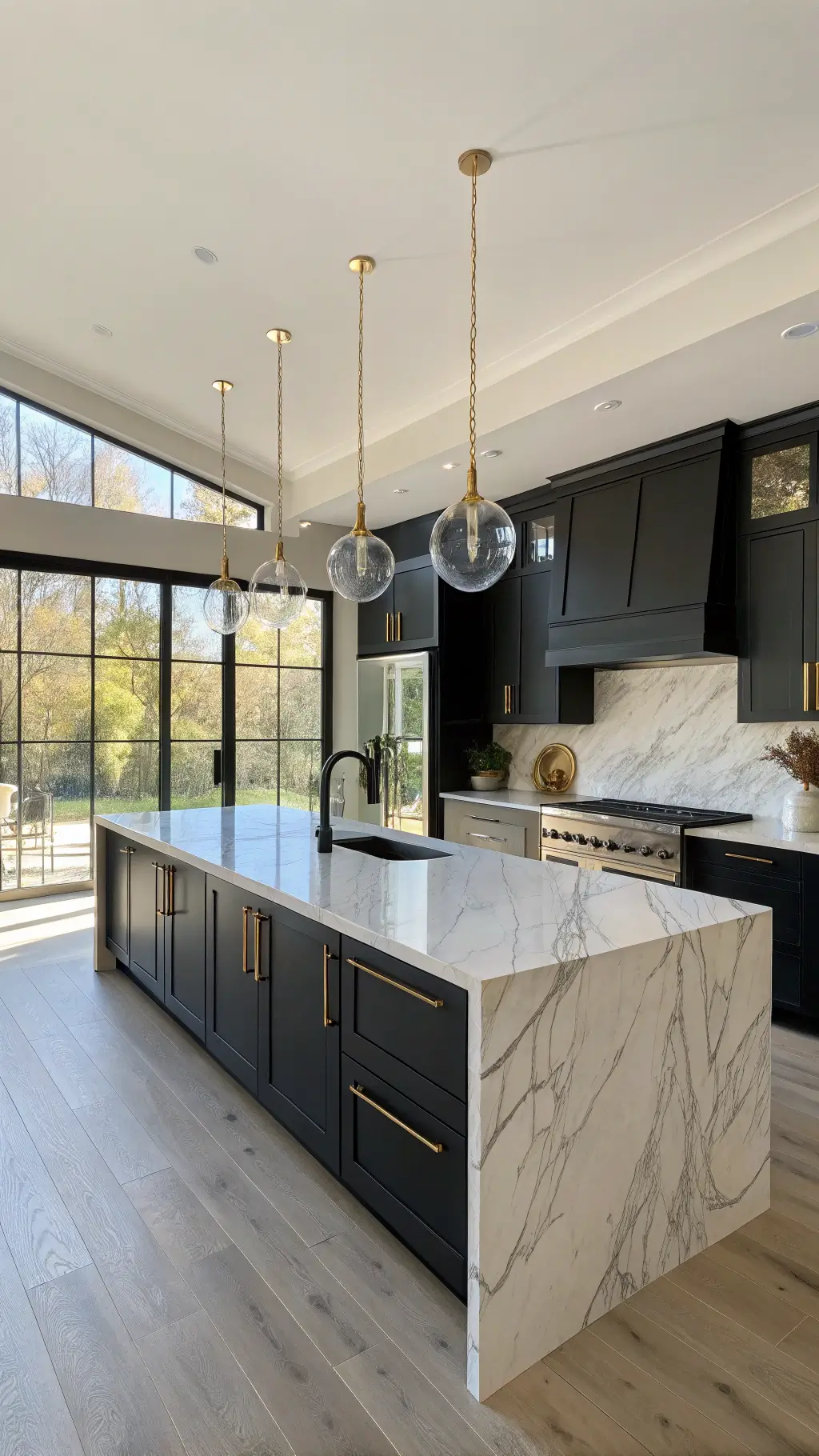 modern open-concept kitchen with architectural details marble island matte black cabinetry handblown glass pendant lights and integrated appliances in morning light