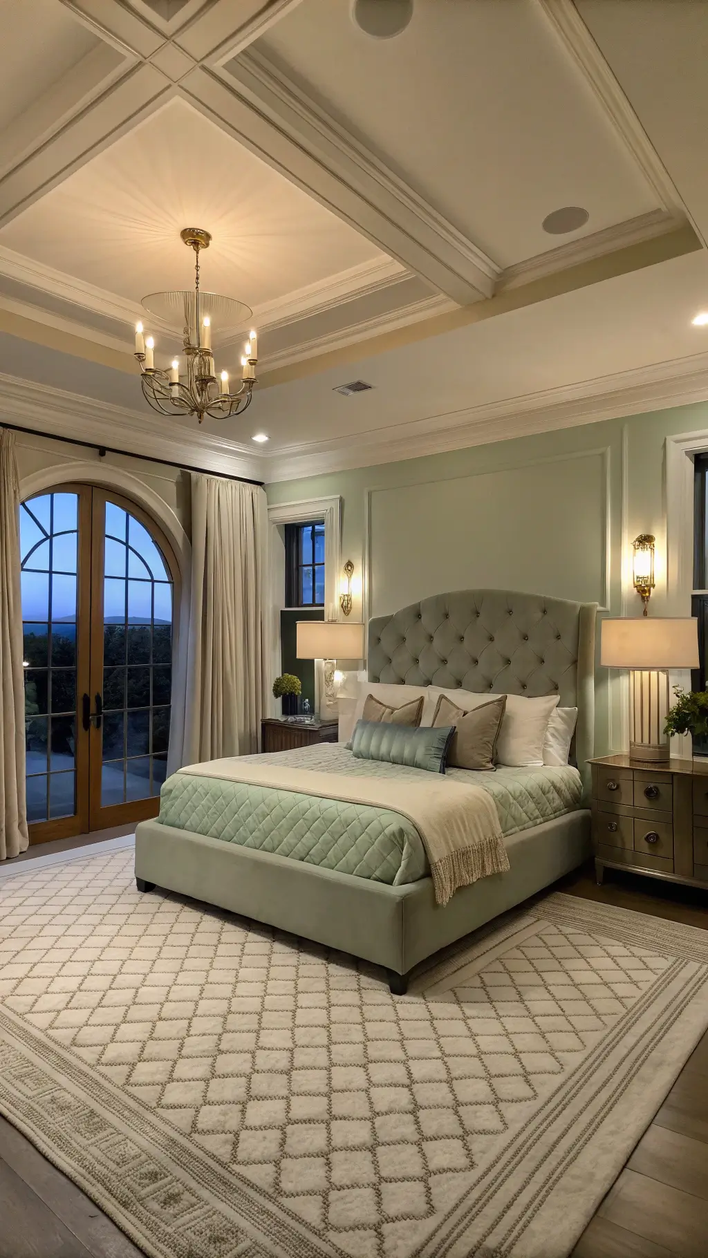luxurious master bedroom with dramatic tray ceiling oversized sage green velvet bed asymmetrical brass wall sconces and large arched window filtering dusk light