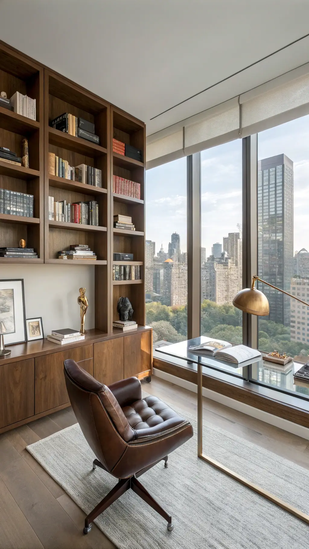 modern home office with floor to ceiling walnut shelves full of books and curated objects a minimal glass desk under steel-framed windows showcasing city view brushed brass sculptural task lamp rich leather executive chair all highlighted by morning light