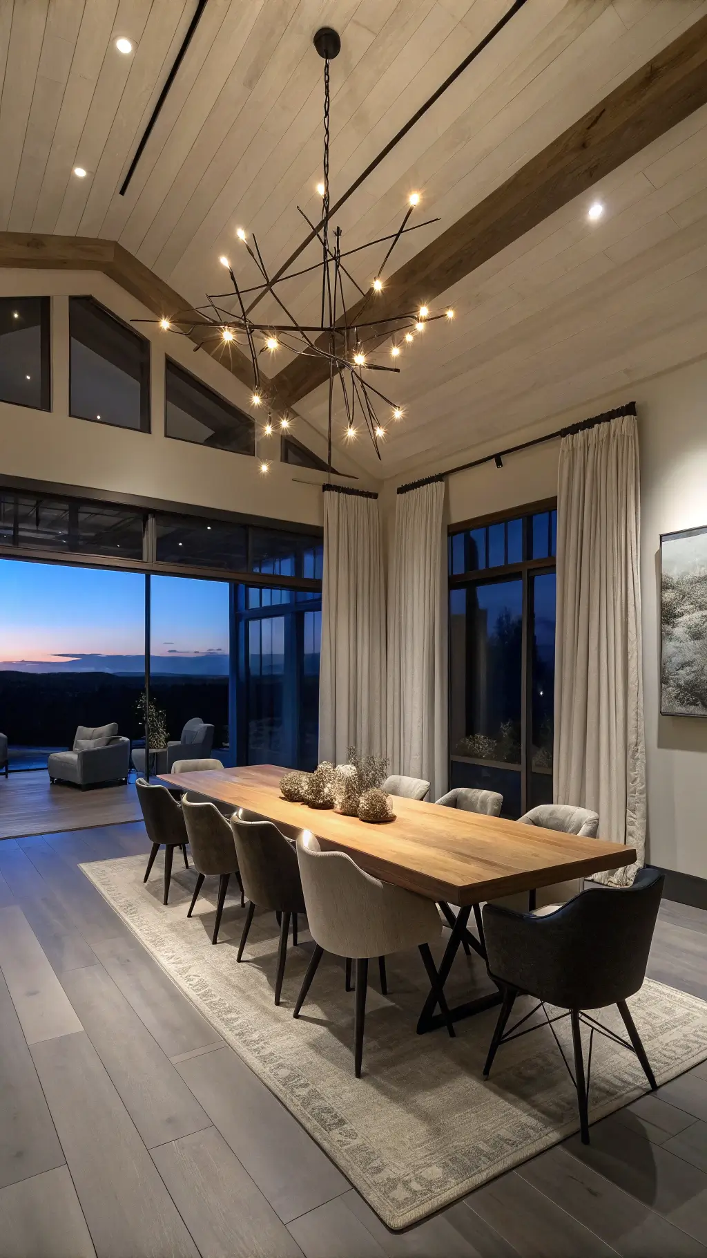 dramatic dining room at twilight with high ceiling modern chandelier solid oak table and chairs made of leather blackened steel alongside oversized abstract canvas moody lighting