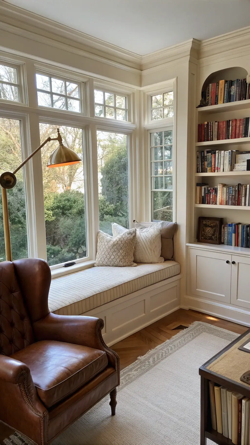 cozy reading nook with window seat floor-to-ceiling bookshelves vintage leather chair brass lamp and architectural details in warm afternoon light