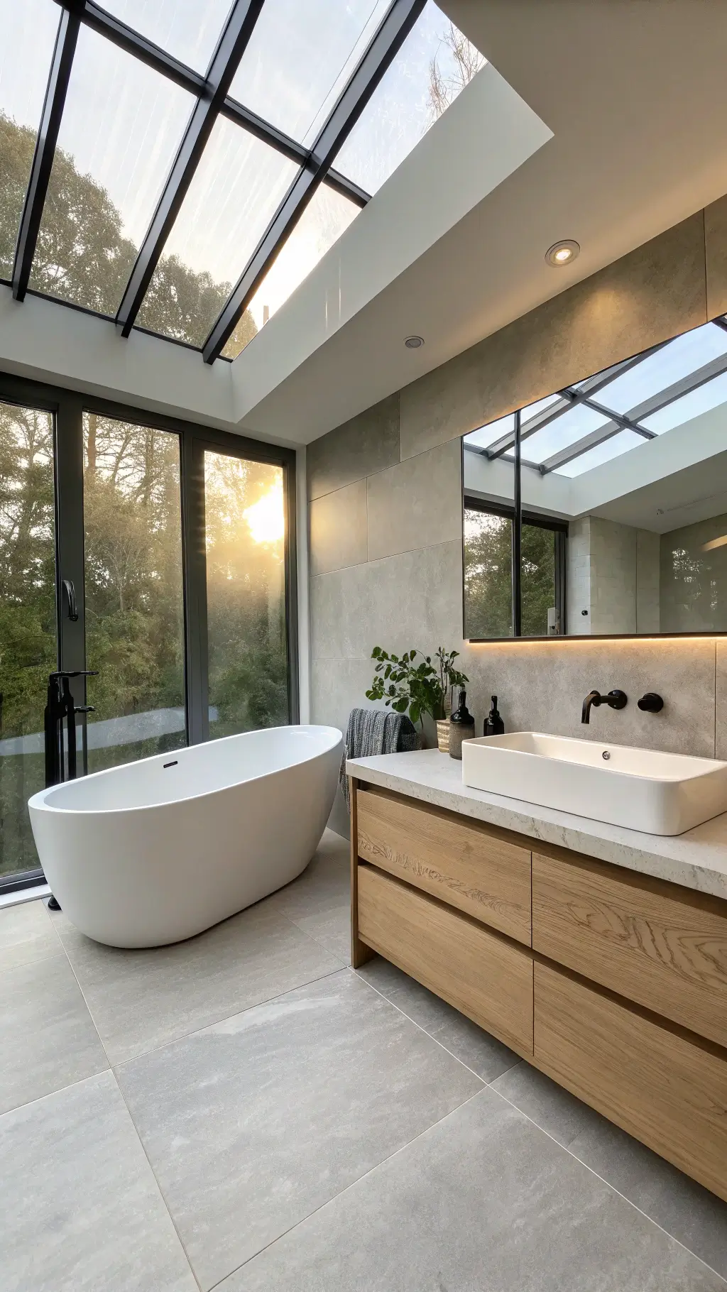 morning light filtering through frosted glass in spa-like bathroom with matte white soaking tub large-format concrete-look tiles floating oak vanity and contrasting black fixtures