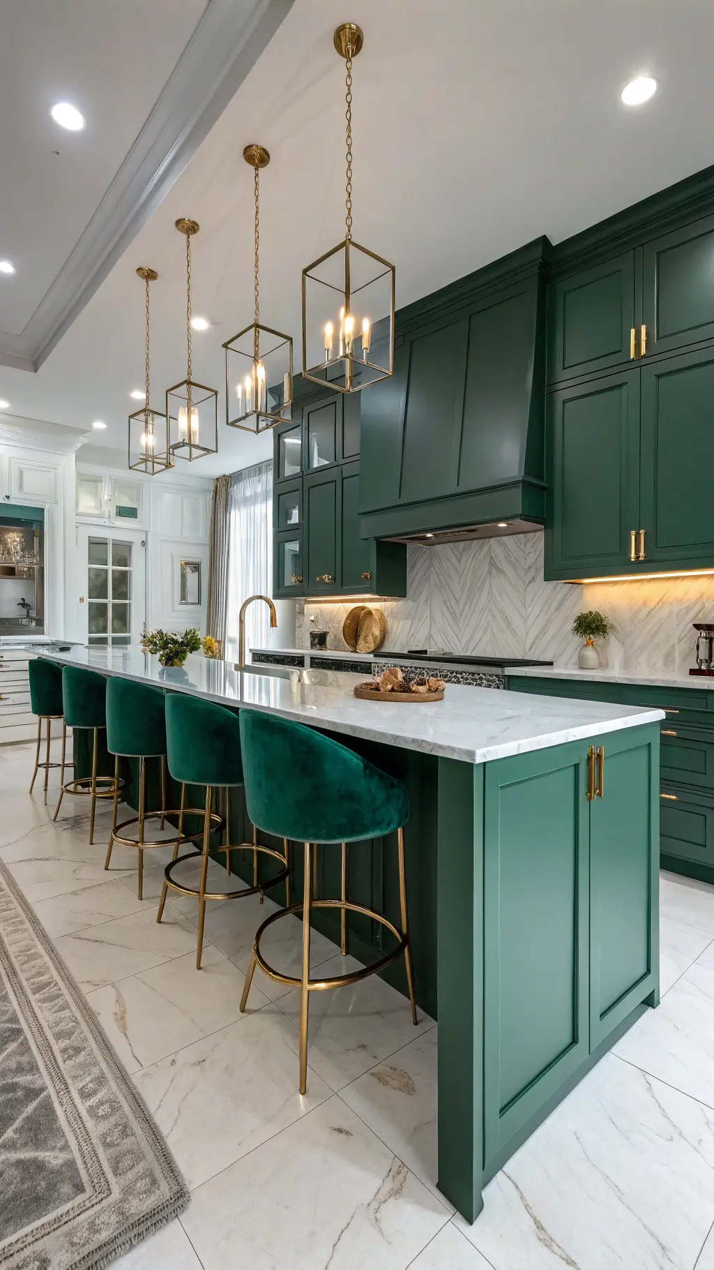 Luxurious emerald green kitchen with gold hardware and white backsplash