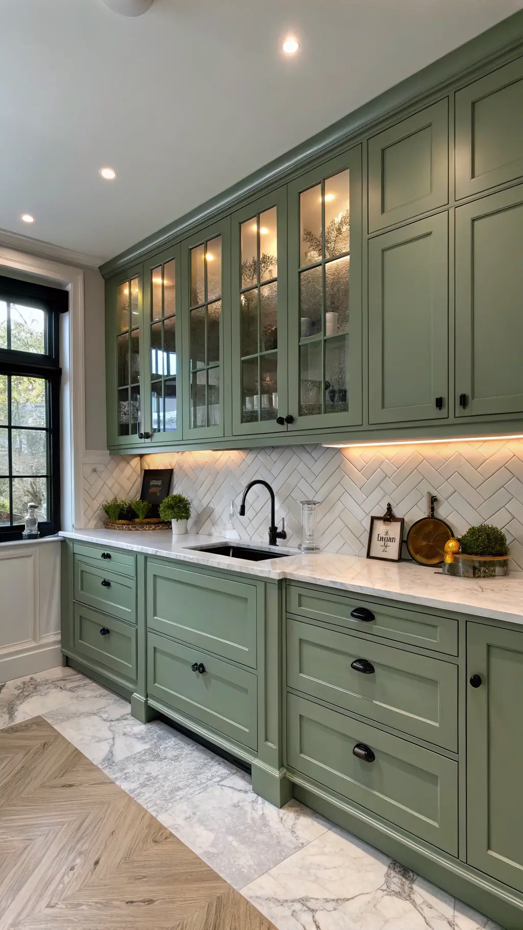 Modern kitchen with sage green cabinets and elegant lighting