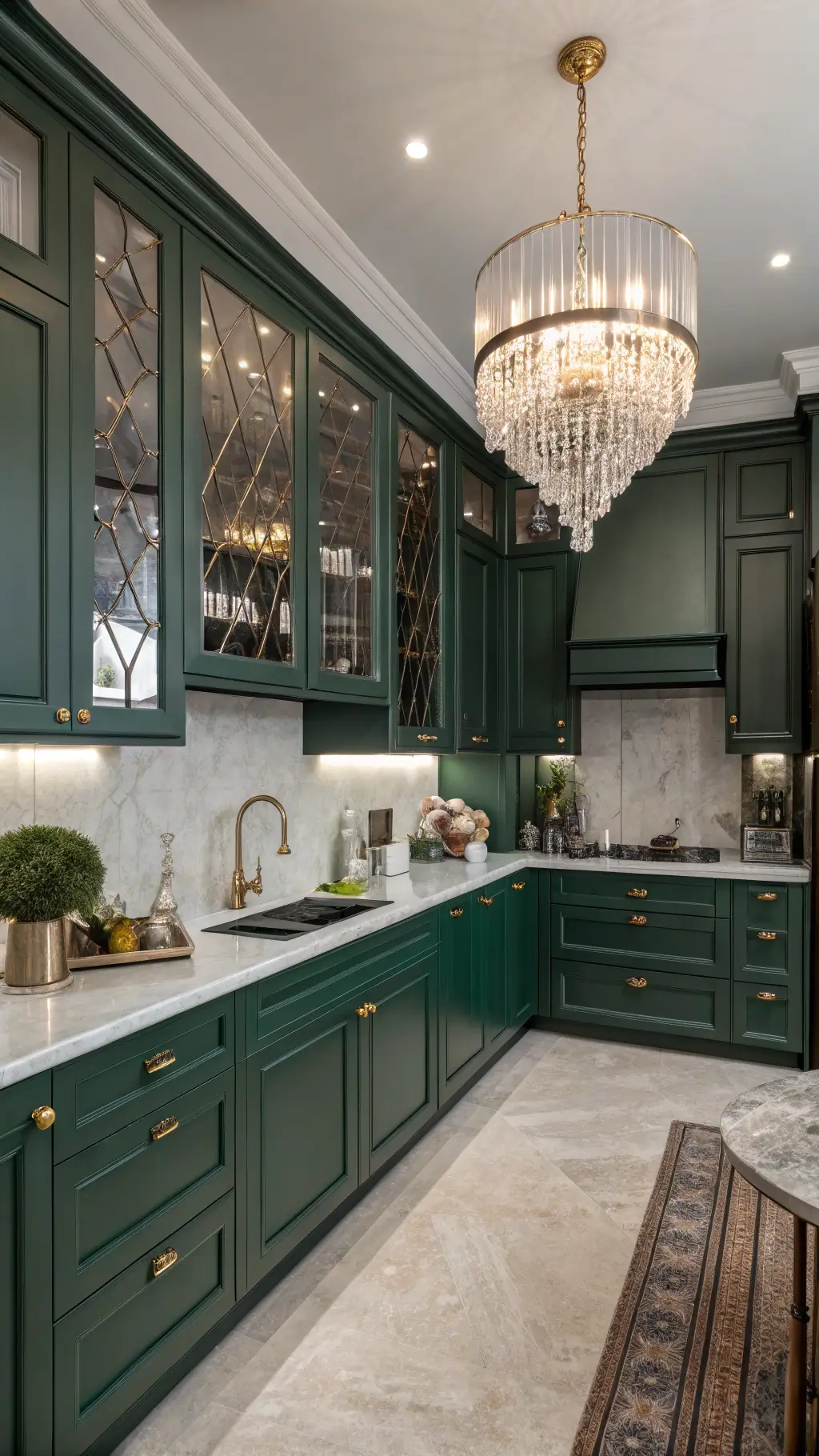 Intimate kitchen with emerald green cabinets and vintage accents
