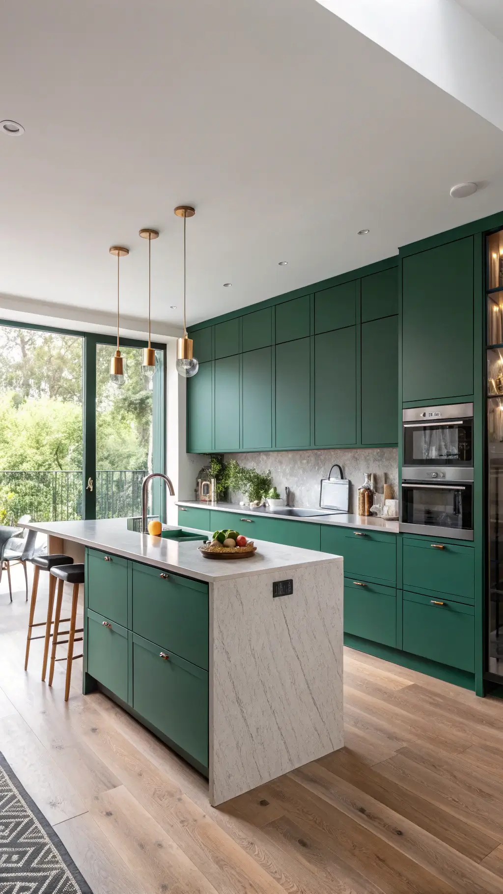 Minimalist kitchen with emerald green cabinets and mixed metal accents