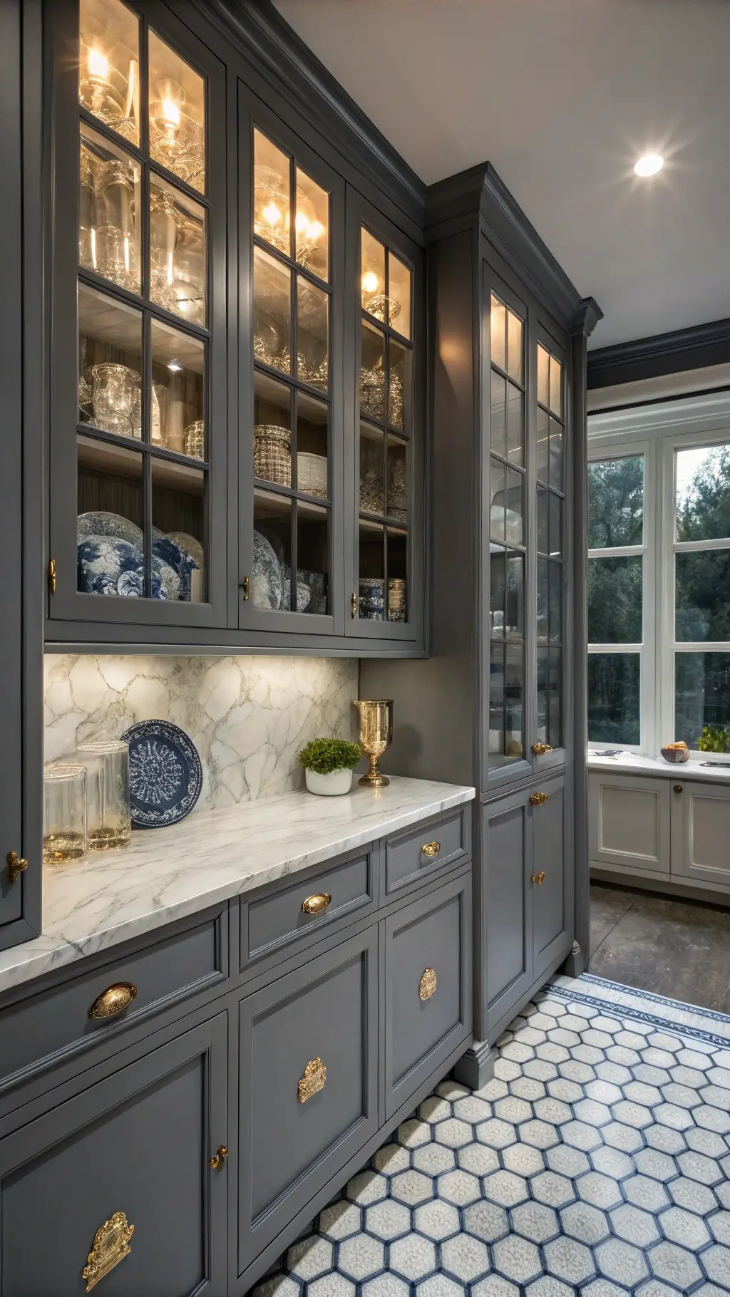 Luxurious butler's pantry with dark grey cabinetry, marble counters, vintage brass lighting, and intricate hexagonal floor tiles