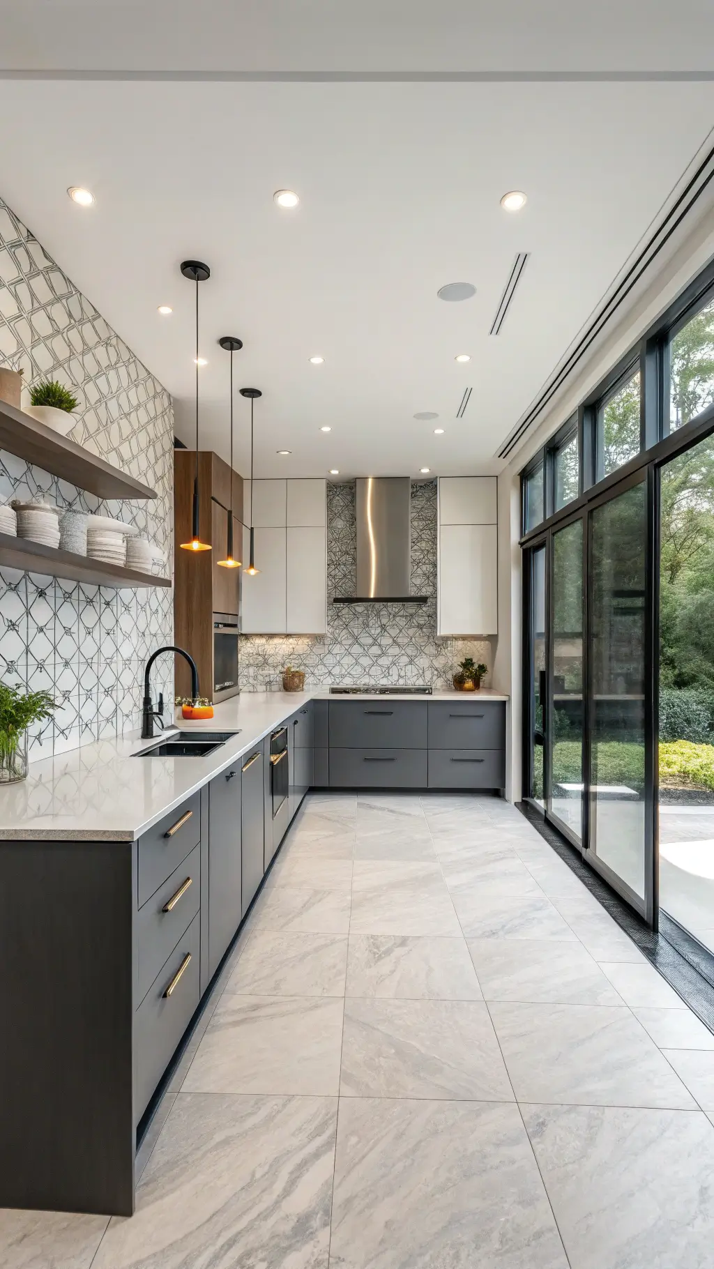 Contemporary kitchen with light grey upper cabinets, dark lower cabinets, white quartzite island, geometric backsplash, and polished concrete floors
