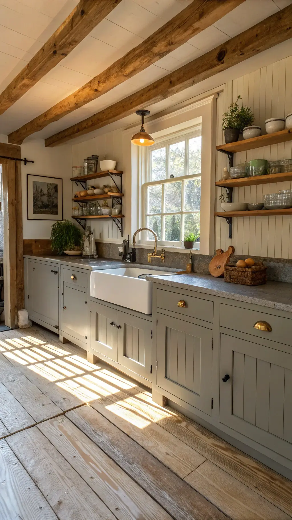 Inviting farmhouse kitchen with grey beadboard cabinets, exposed wooden beams, vintage sink, butcher block island, and pine flooring