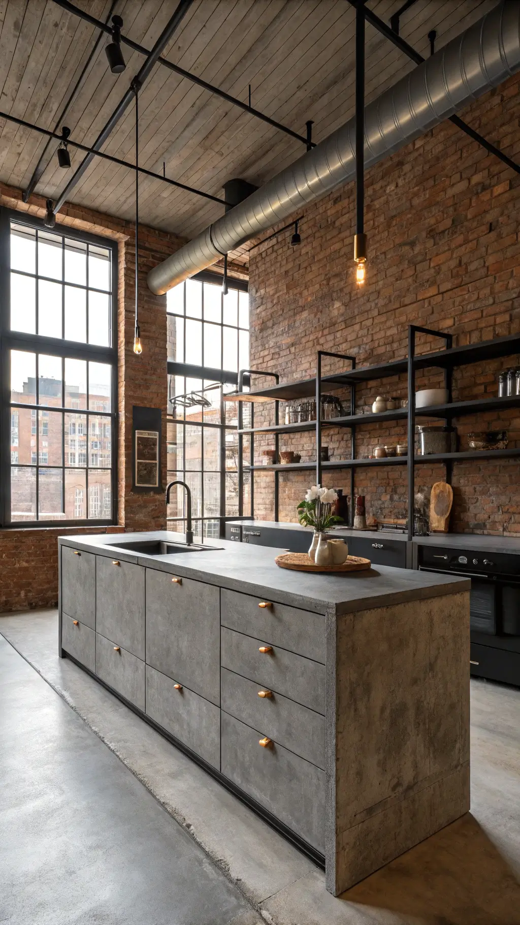 Industrial-style kitchen with grey slab cabinets, exposed brick, black steel shelving, brass fixtures, and concrete island