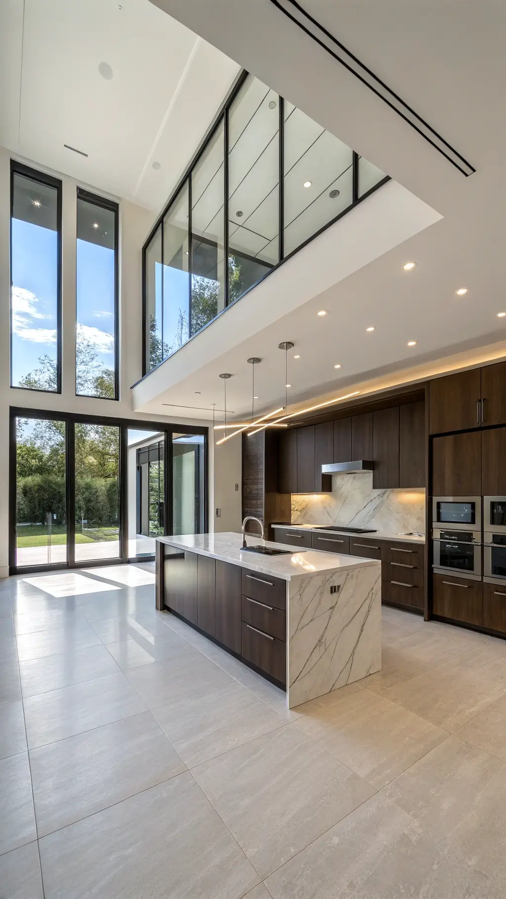 Contemporary kitchen with espresso brown cabinets and white marble countertops