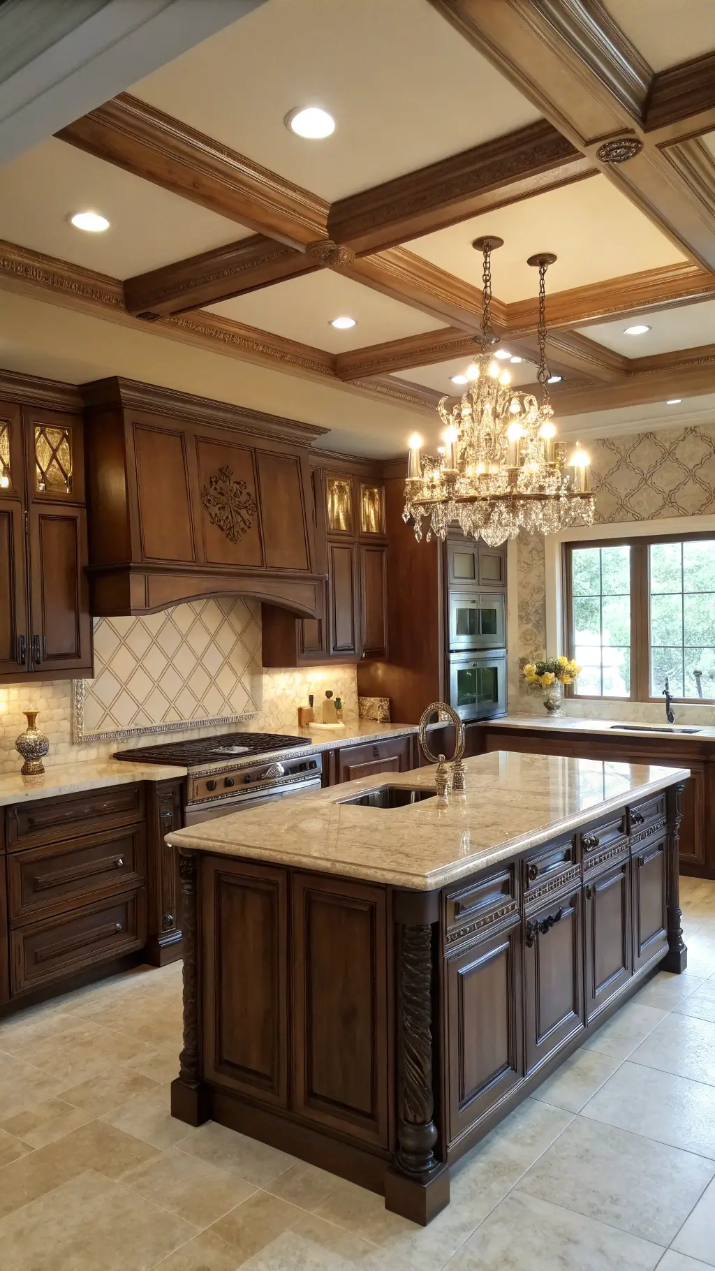 Traditional kitchen with walnut cabinets and cream granite countertops