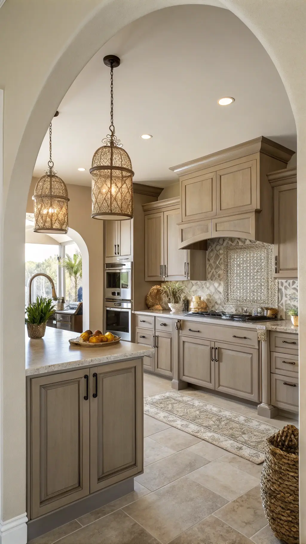 Taupe brown kitchen with quartzite counters and metallic backsplash