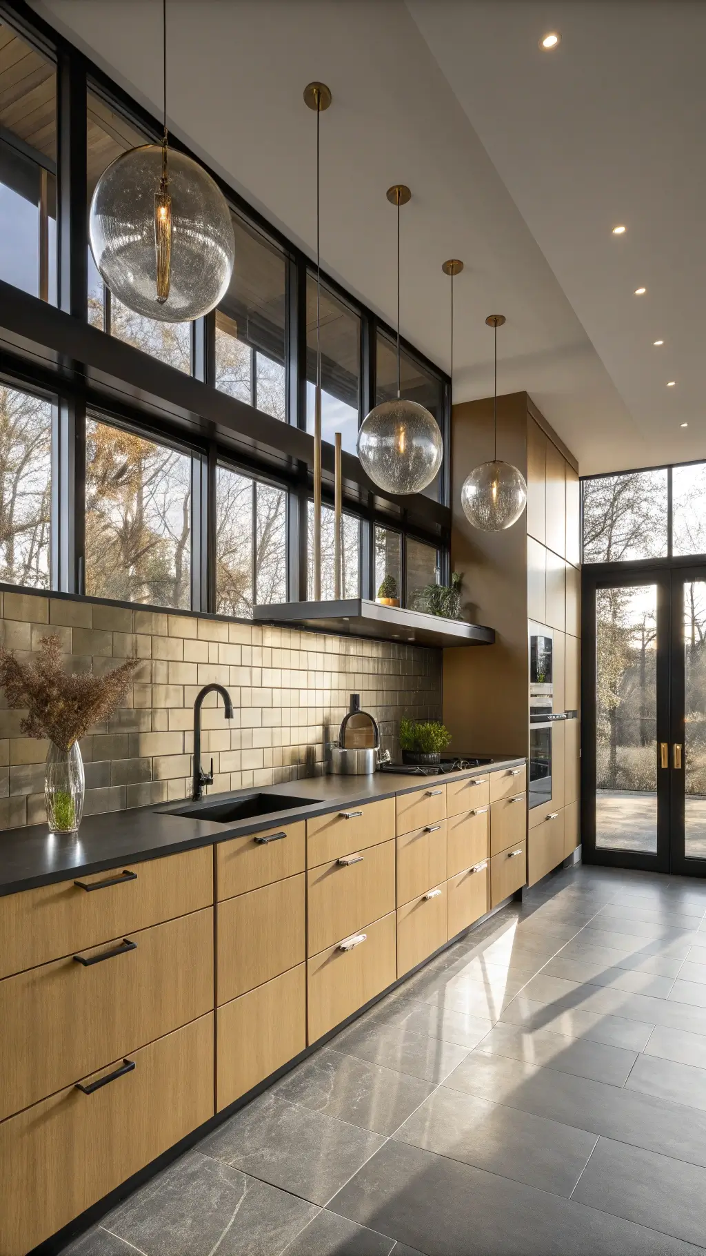 Modern kitchen with bronze flat-panel cabinets and black soapstone countertops